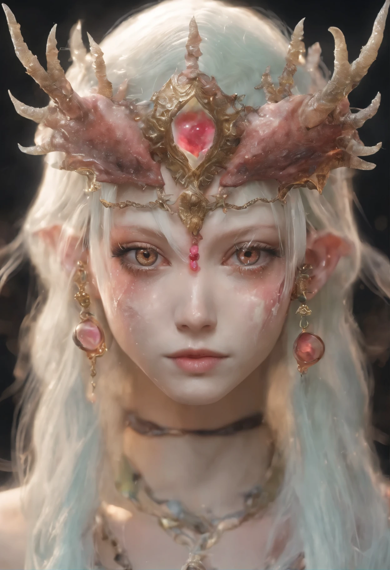 (Portrait of a beautiful yet frightening female alien teenager:1.4), ((There is a female genital-like organ in the middle of the forehead.:1.8)), (realistic face:1.2), Super realistic clear skin, she is very sleepy, (Number of award-winning masterpieces々, incredibly detailed, Texture and maximum detail), midnight aura, unreal engine 5, super sharp focus, midnight aura, unreal engine 5, super sharp focus, (art by Amano Yoshitaka:1.5), art germ, Reusch, intricate artwork, ultra realistic realism, High resolution, High freshness, draw faithfully, official art, Unity 8K 壁紙, Super detailed artistic photography, dream-like, fantasy creation, dream snail, (biopunk nautilus:1.3),thrilling color scheme, amazing mutation, well-proportioned body, goddess of the deep sea, fractal, Geometric pattern, impossible numberany transparent white tentacles with luminescent organs:1.4), Subtle emerald green accents, (smile seductively:1.3),(she has the most beautiful face in the history of the universe:1.5), (She looks down at the viewer with glowing red eyes without pupils:1.3), an evil gaze that seduces, cinematic lighting, (no makeup:1.3), (From the gap between your cute lips、Long canine teeth peek out like a vampire:1.5), in the palace hall, A sweet sigh leaks from your beautiful lips, ecstatic expression, She has countless hair-like translucent tentacles on her head.。