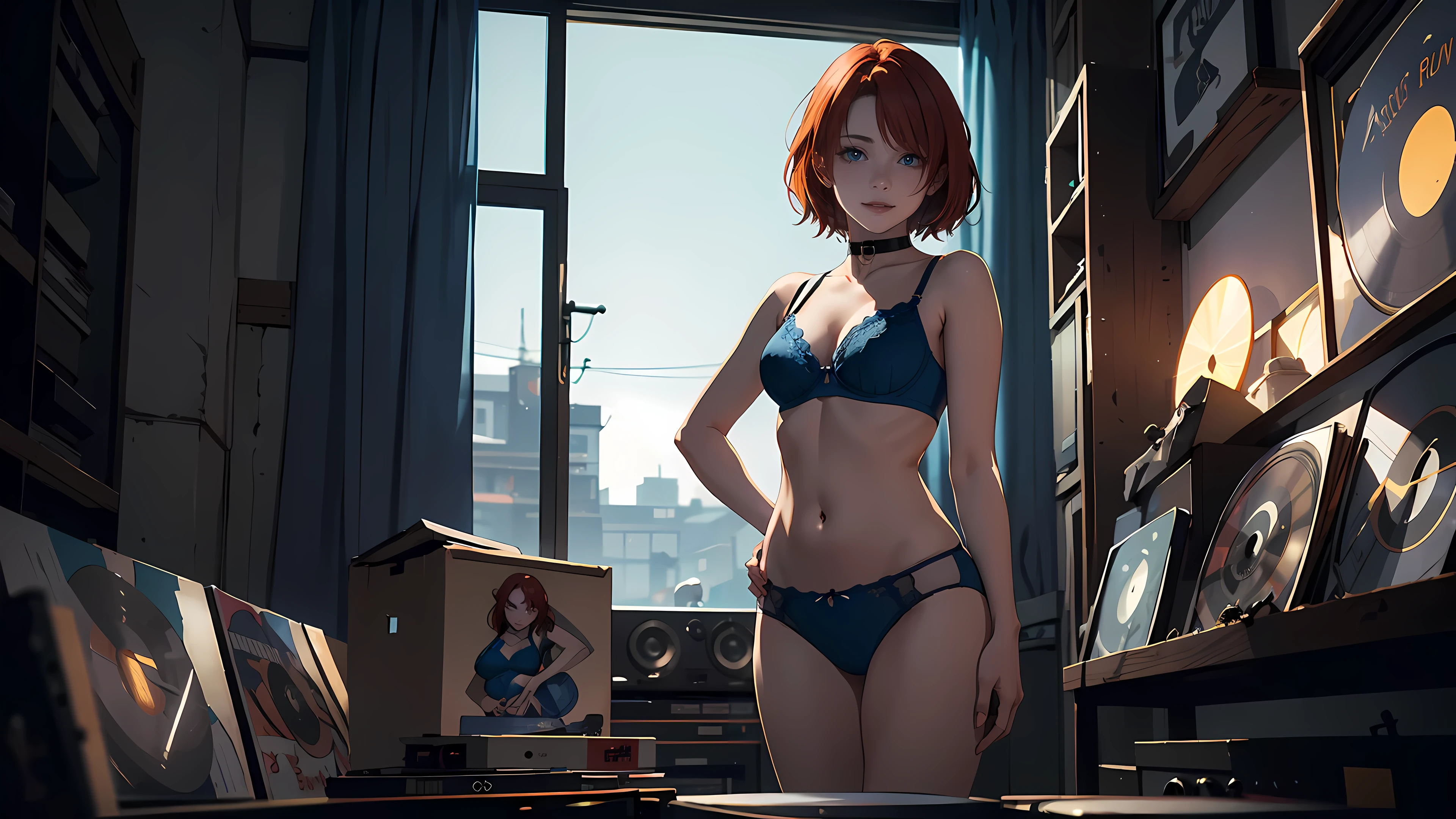 18 year old girl, short red hair, big sad eyes, sweet smile, small breasts, thin hips, choker collar, blue bra, blue panties, standing, open door, open window, record store, vinyl, turntable,  evening, nighttime, dramatic lighting, cinematic lighting, masterpiece, best quality