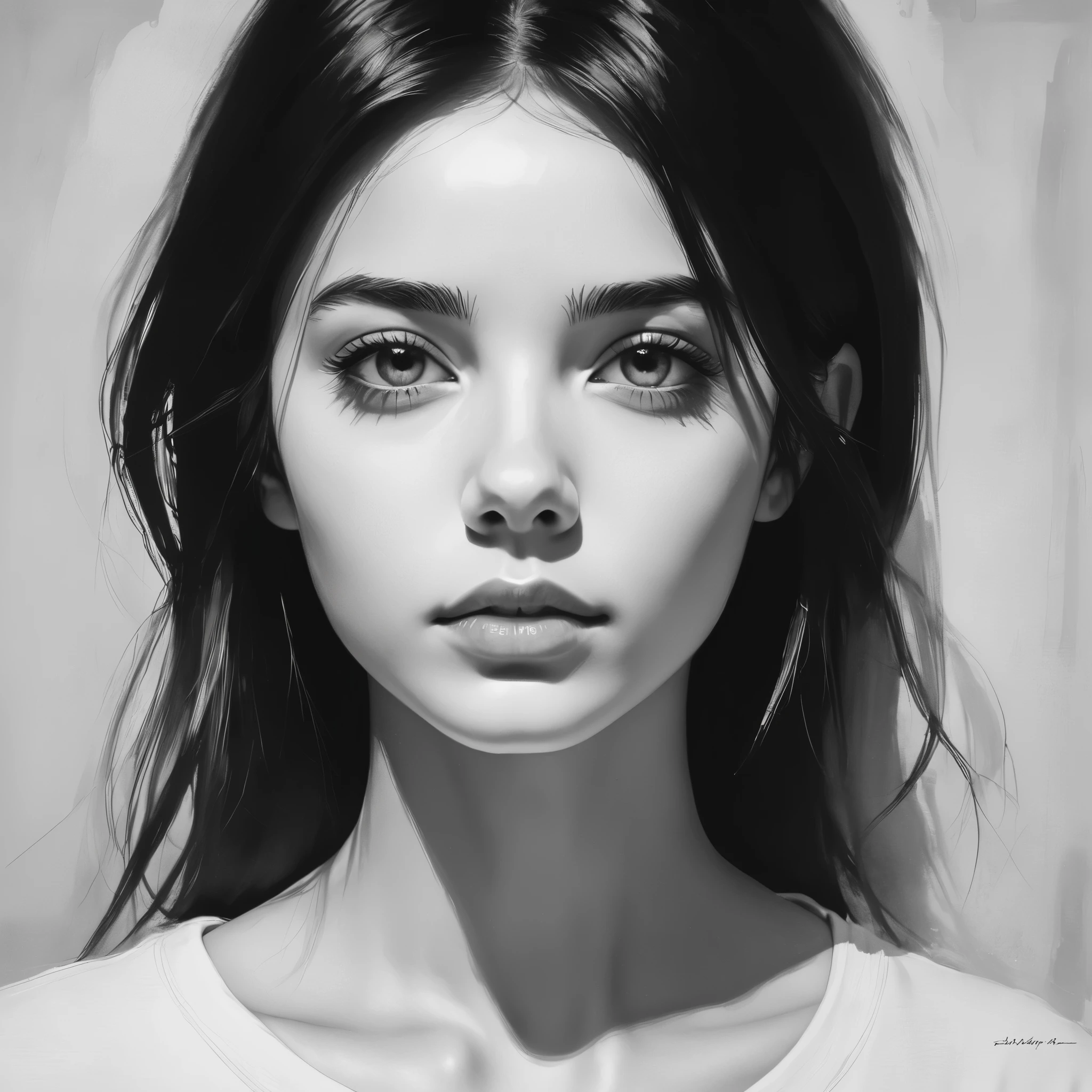 (Minimalism:1.5)，Portraits，(Black and white sketch painting)，Simple composition，1 girl,20 year old girl, There is light on the face, There is light in the eyes，t-shirt