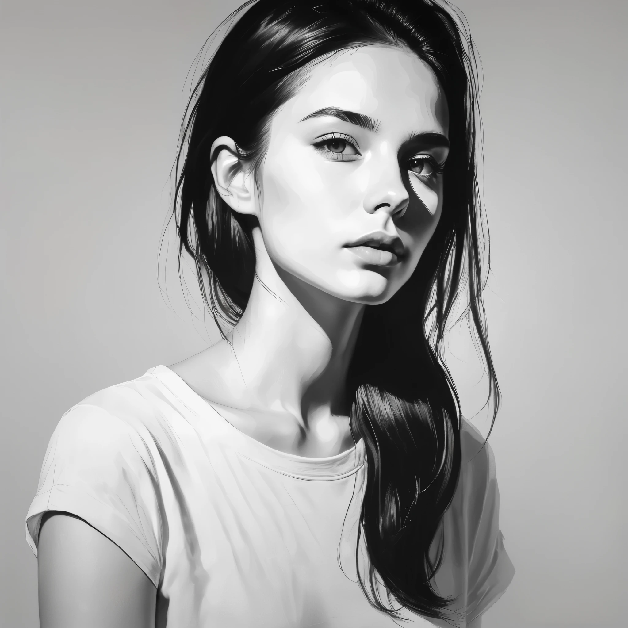 (Minimalism:1.5),Portraits,(Black and white sketch painting),Simple composition,1 girl,20 year old girl, There is light on the face, There is light in the eyes,t-shirt