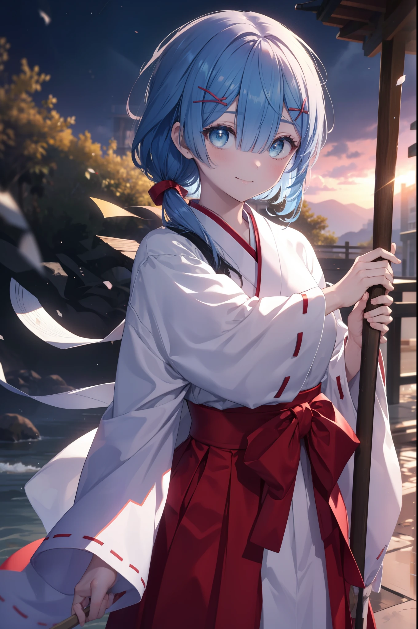 rezeroRem, Rem, blue eyes, blue hair, hair ornaments, hair above one eye, long hair,hair ribbon, x hair ornaments,smile,blush,Platycodon,Miko,white kimono, kimono, red hakama,same as skirt, wide sleeve, long sleeve,white foot bag,Zori ribbon trim sleeves, とてもlong hair, dull bangs, low ponytail, Holding the grip of a broom with both arms and sweeping,So that the whole body goes into the illustration,morning,noon,
break outdoors,shrine,
break looking at viewer, 
break (masterpiece:1.2), highest quality, High resolution, unity 8k wallpaper, (figure:0.8), (detailed and beautiful eyes:1.6), extRemely detailed face, perfect lighting, extRemely detailed CG, (perfect hands, perfect anatomy),