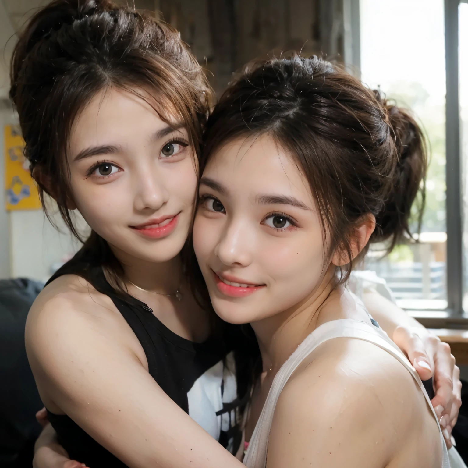 Very cute high school sisters are hugging each other and looking at us with smiles,my sister has a black ponytail,my sister has short brown hair..,seems to be happy,anatomically correct,cheek slide,Indoors,photorealism,masterpiece