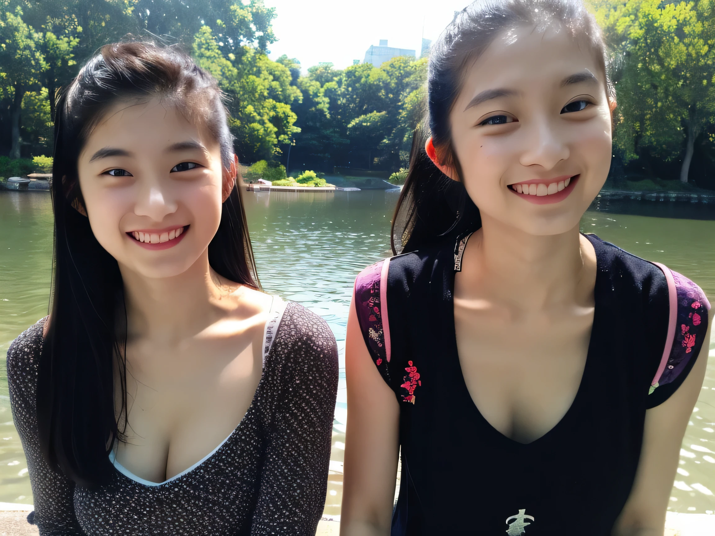 identical twin sisters、(In 8K、 RAW photo、highest quality,、High resolution),、(hyper realistic)、(realistic),、soft light、、with a girl、lifelike face、realistic body、real looking skin、absurd、masterpiece、cuties、alone、innocent eyes、Lee Hong、movie theater lighting、cherry color lip、hair 、close、looking at the viewer、 open lips,、upper teeth,、(smiling eyes:0.6)、focus of the eye、professionally lit、CG social trends、plastic en、((黒い長いhair))、((Beautiful woman))、(laughter)、Snazzy、(sexy)、風になびくhair、((流れるhair))、Happy -、fashion magazine、((cinematic lighting))、forest、((blue sky))、((water play))、Full body Esbian、Sparkling、