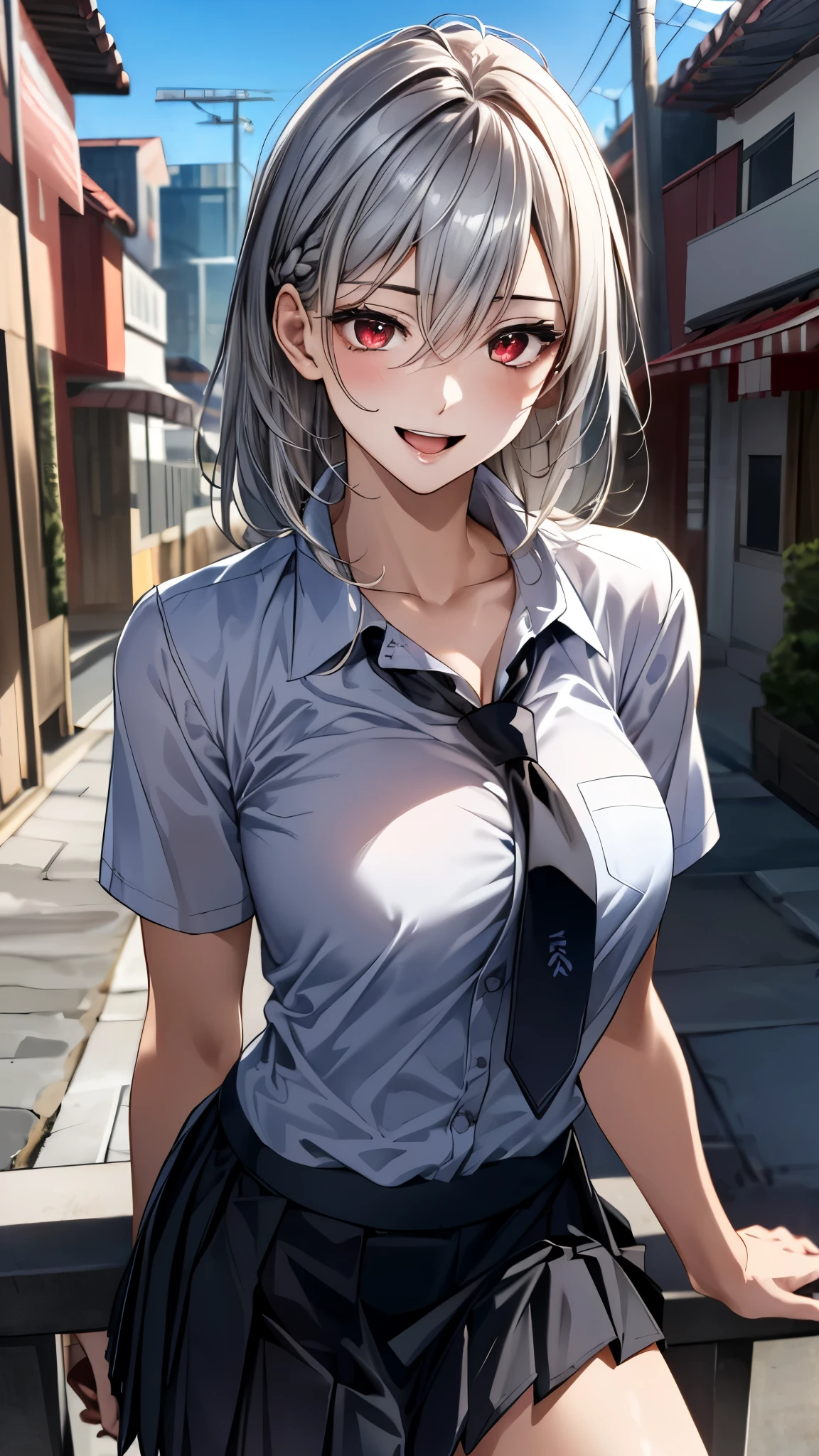 (masterpiece:1.3, top-quality, ultra high res, ultra detailed), (realistic, photorealistic:1.4), beautiful illustration, perfect lighting, colorful, depth of fields,
beautiful detailed hair, beautiful detailed face, beautiful detailed eyes, beautiful clavicle, beautiful body, beautiful chest, beautiful thigh, beautiful legs, beautiful fingers,
looking at viewer, 1 girl, japanese, high school girl, perfect face, (perfect anatomy, anatomically correct), cute and symmetrical face, babyface, , shiny skin,
(long hair:1.7, straight hair:1.6, silver hair), hair between eyes, braided bangs, dark red eyes, long eye lasher, (medium breasts), slender,
((collared short sleeve shirt, black pleated skirt, gray tie)),
(beautiful scenery), evening, (outdoors, cityscape in the distance), standing, , (lovely smile, upper eyes, open mouth),