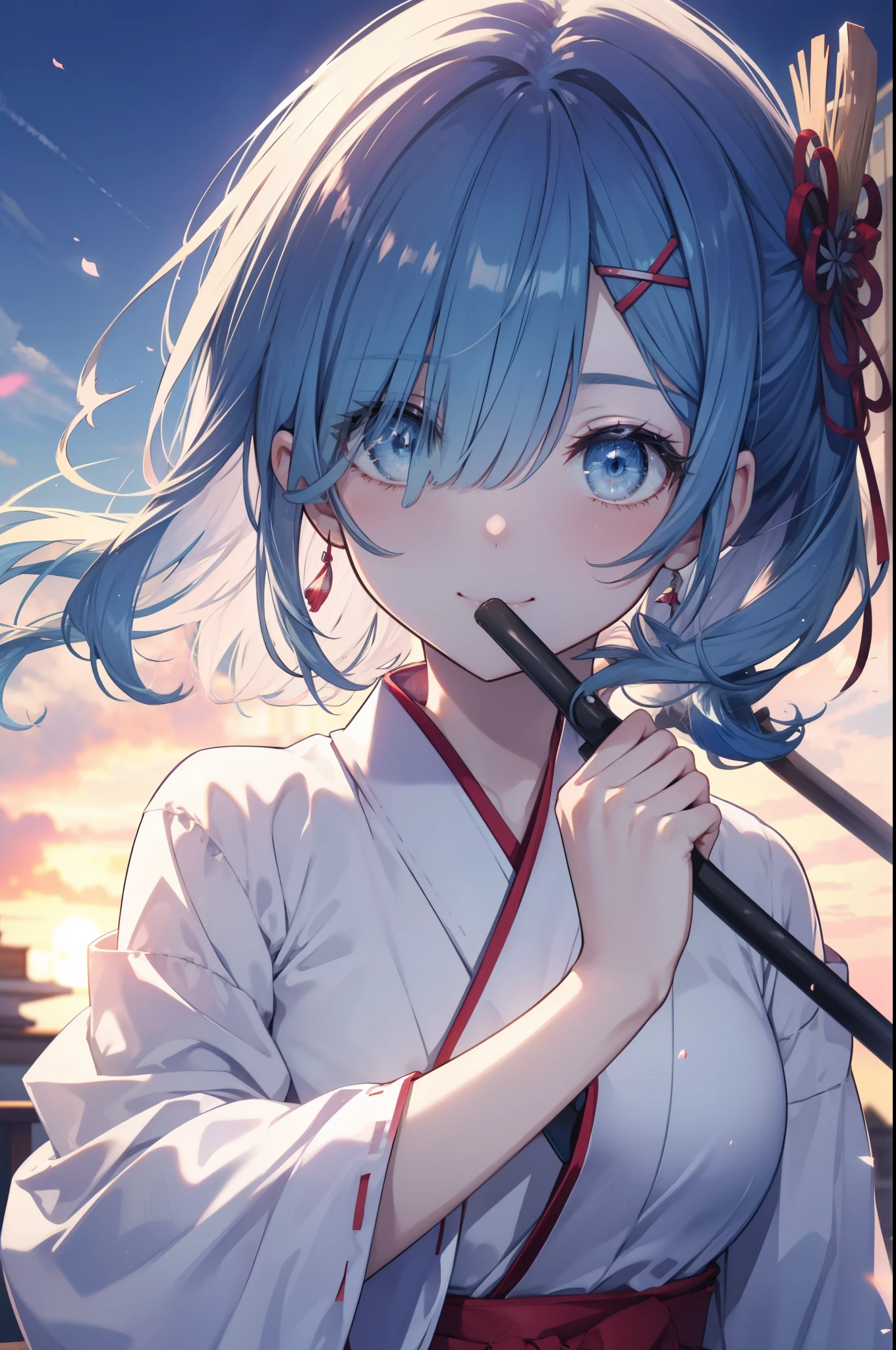 rezeroRem, Rem, blue eyes, blue hair, hair ornaments, hair above one eye, long hair,hair ribbon, x hair ornaments,smile,blush,Platycodon,Miko,white kimono, kimono, red hakama,same as skirt, wide sleeve, long sleeve,white foot bag,Zori ribbon trim sleeves, とてもlong hair, dull bangs, low ponytail, Holding the grip of a broom with both arms and sweeping,So that the whole body goes into the illustration,morning,noon,
break outdoors,shrine,
break looking at viewer,
break (masterpiece:1.2), highest quality, High resolution, unity 8k wallpaper, (figure:0.8), (detailed and beautiful eyes:1.6), extRemely detailed face, perfect lighting, extRemely detailed CG, (perfect hands, perfect anatomy),