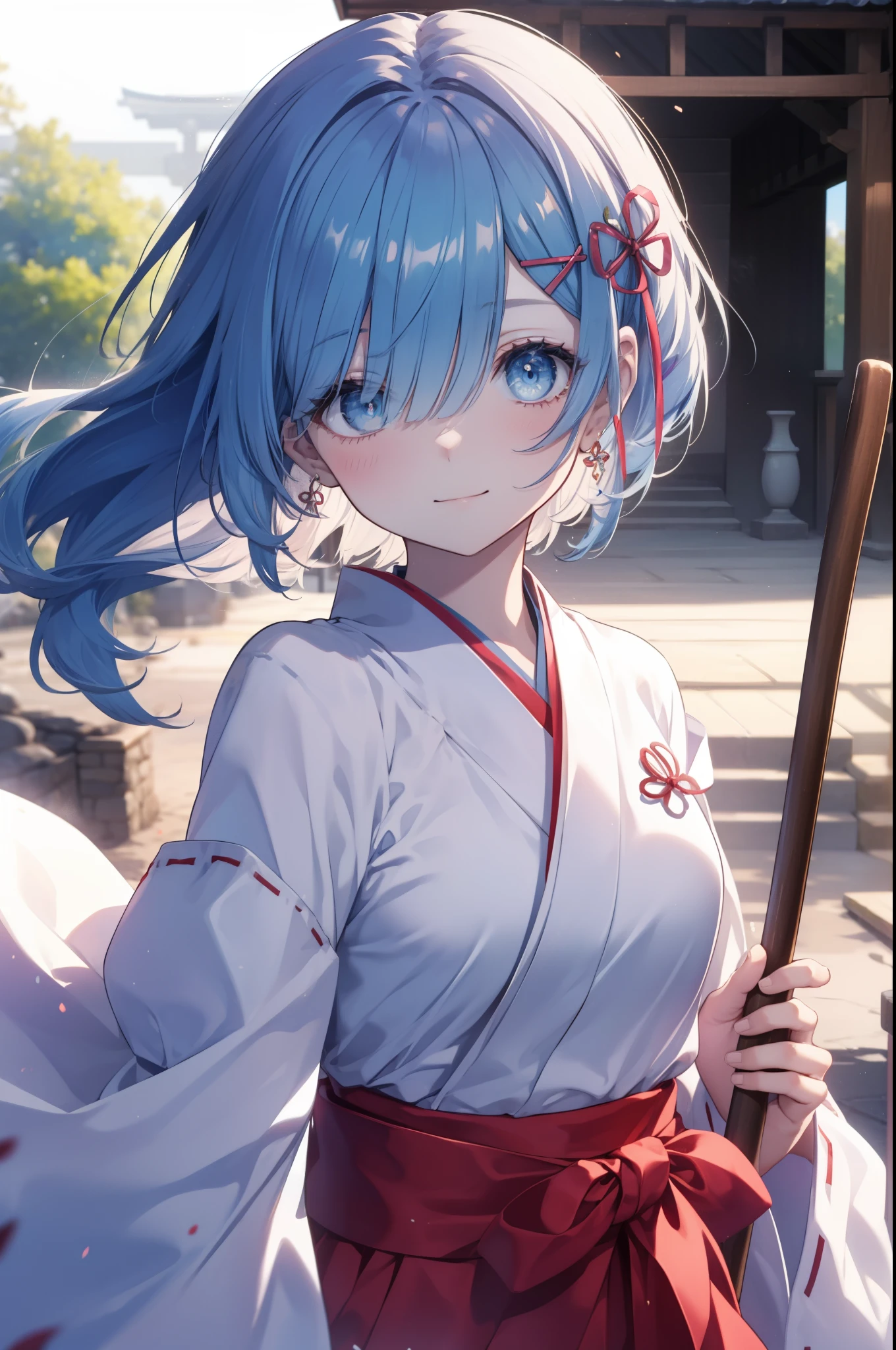 rezeroRem, Rem, blue eyes, blue hair, hair ornaments, hair above one eye, long hair,hair ribbon, x hair ornaments,smile,blush,Platycodon,Miko,white kimono, kimono, red hakama,same as skirt, wide sleeve, long sleeve,white foot bag,Zori ribbon trim sleeves, とてもlong hair, dull bangs, low ponytail, Holding the grip of a broom with both arms and sweeping,So that the whole body goes into the illustration,morning,noon,
break outdoors,shrine,
break looking at viewer,
break (masterpiece:1.2), highest quality, High resolution, unity 8k wallpaper, (figure:0.8), (detailed and beautiful eyes:1.6), extRemely detailed face, perfect lighting, extRemely detailed CG, (perfect hands, perfect anatomy),