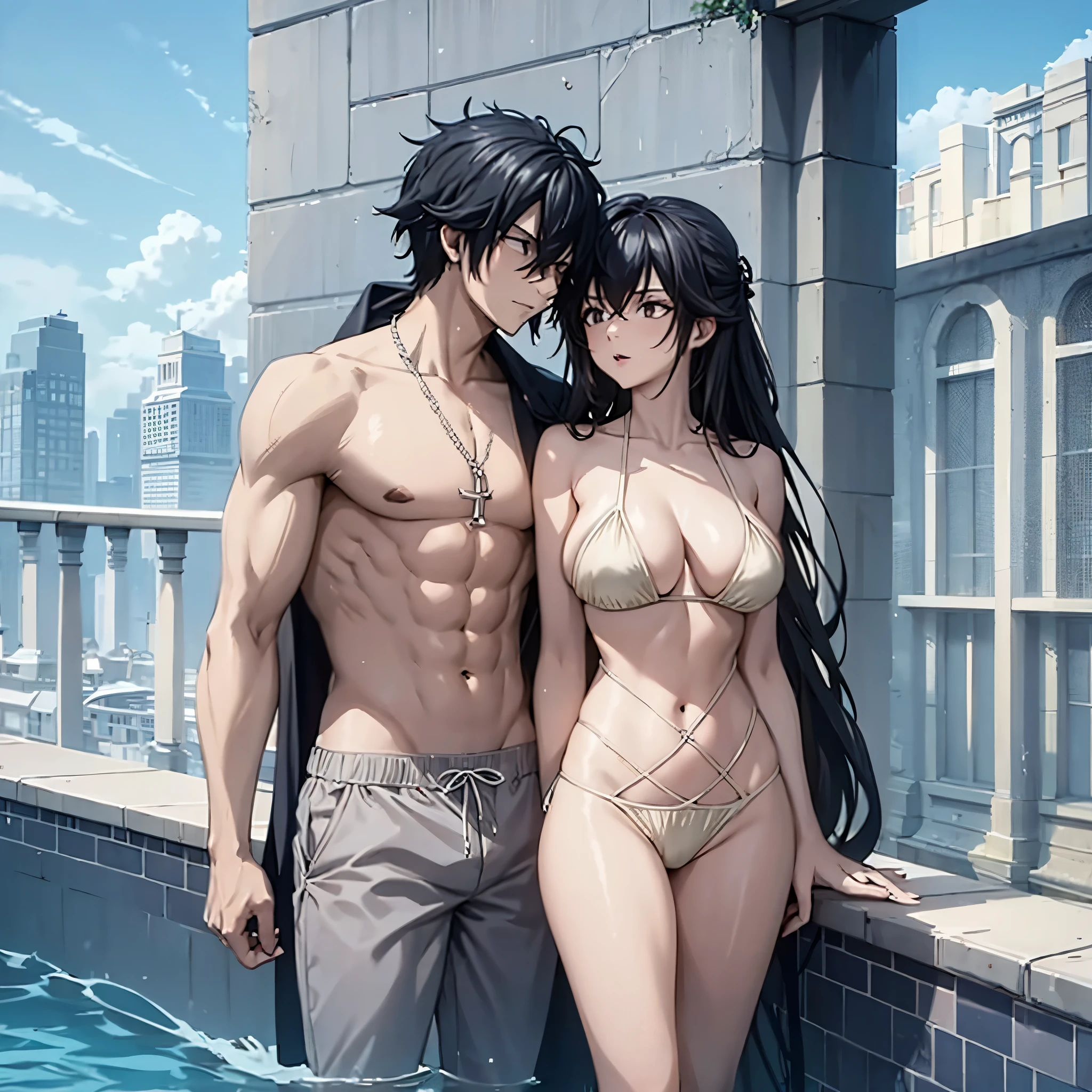 A man, wearing swim shorts, and a swimsuit together with his wife in a luxurious penthouse pool