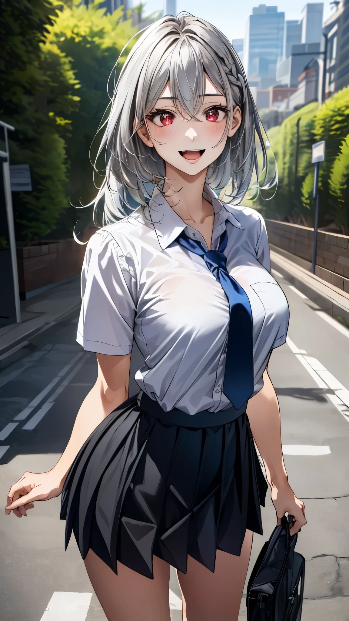(masterpiece:1.3, top-quality, ultra high res, ultra detailed), (realistic, photorealistic:1.4), beautiful illustration, perfect lighting, colorful, depth of fields,
beautiful detailed hair, beautiful detailed face, beautiful detailed eyes, beautiful clavicle, beautiful body, beautiful chest, beautiful thigh, beautiful legs, beautiful fingers,
looking at viewer, 1 girl, japanese, high school girl, perfect face, (perfect anatomy, anatomically correct), cute and symmetrical face, babyface, , shiny skin,
(long hair:1.7, straight hair:1.6, silver hair), hair between eyes, braided bangs, dark red eyes, long eye lasher, (medium breasts), slender,
((collared short sleeve shirt, black pleated skirt, gray tie)),
(beautiful scenery), evening, (outdoors, cityscape in the distance), standing, , (lovely smile, upper eyes, open mouth),