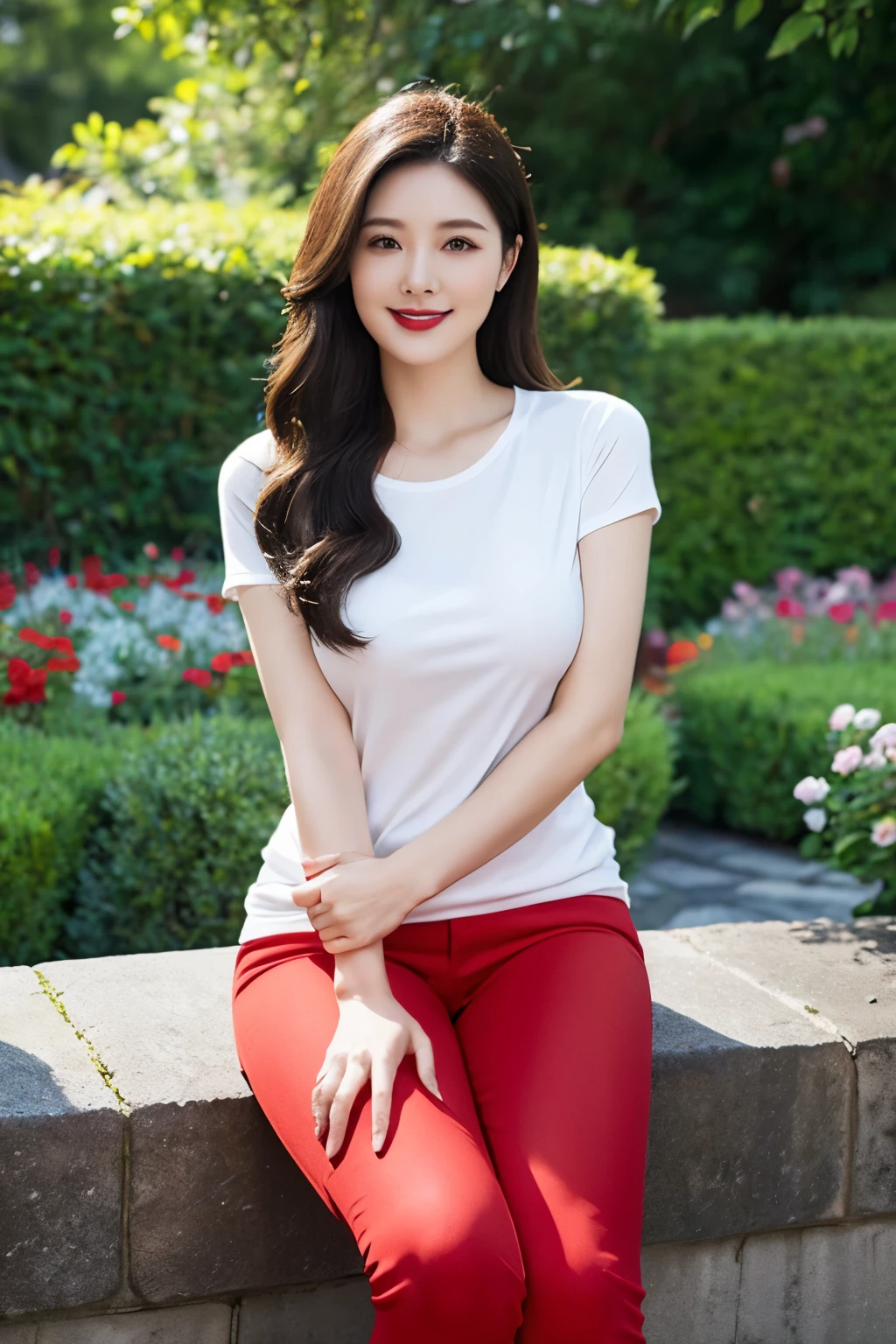 Draw lips correctly, red lipstick, from chest up, best quality, Super detailed, lifelike, Super fine skin, perfect anatomy, (1 日本Mature的女人), (alone),Wear a red crew neck shirt,short sleeves,white jeans,wavy long hair,37-year-old female,Mature,charming smile,garden background,stand,Leg length,Chubby,Big breasts,stand up,full-body shot