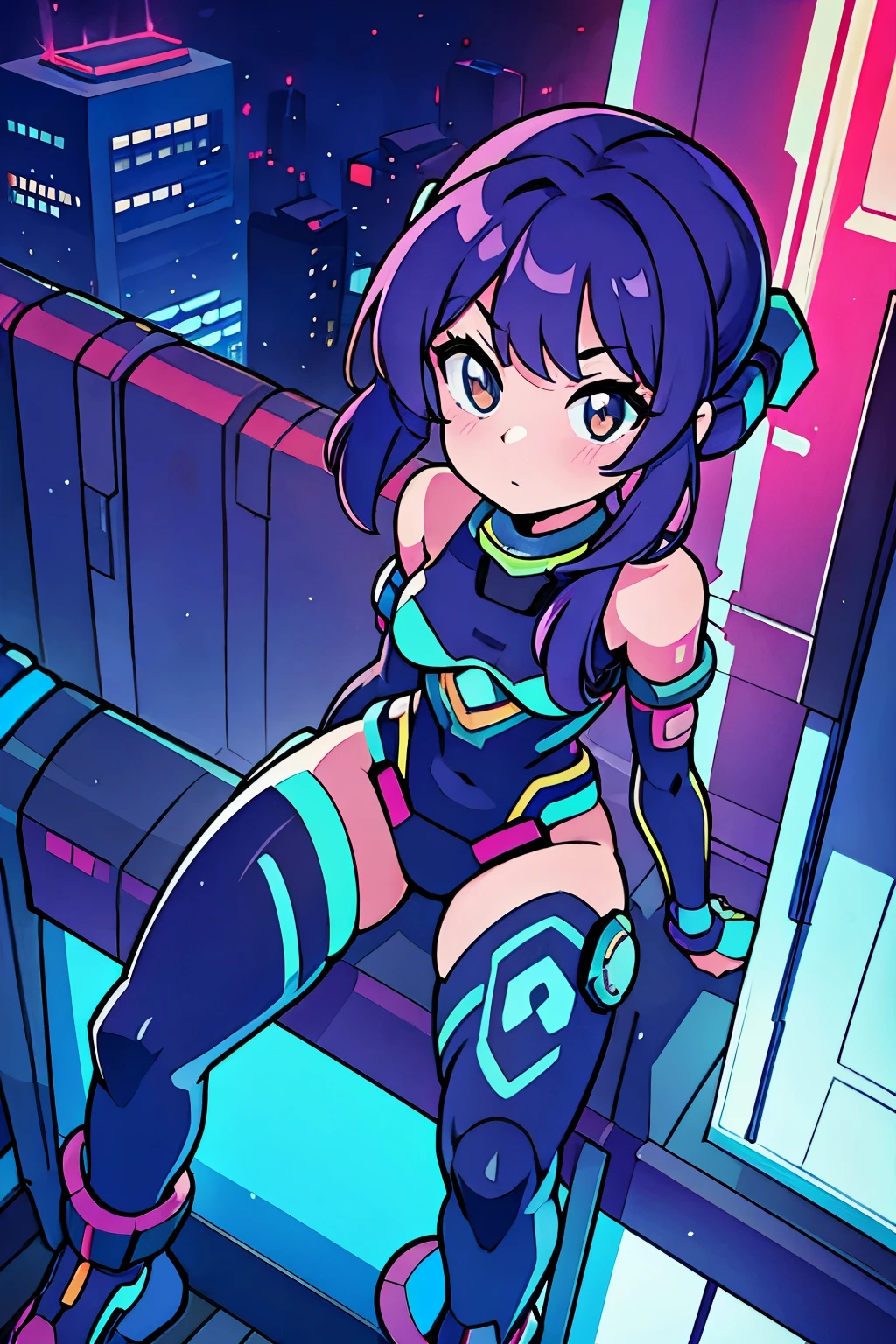 alia_megamanx sitting on the edge of the top of a building in Tokyo - cyberpunk city in the background, linhas grossas, desenho simples, flat