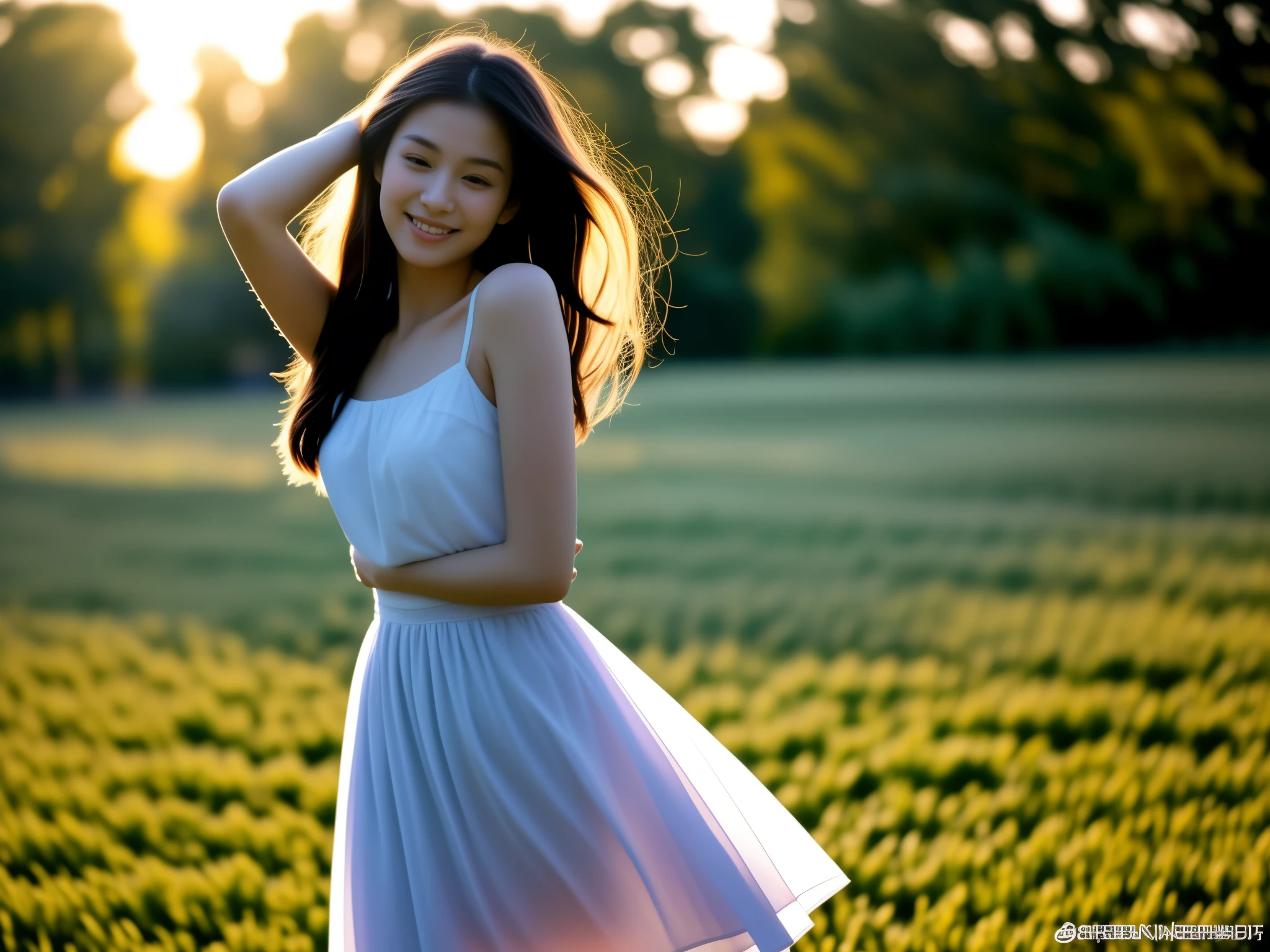 ,masterpiece, highest quality,8k, ultra high resolution,light and shadow of reality,cinema lens,(beautiful eyes:1.1), ((Medium shot scene,Upper body)),You can see the meadow with gentle wind blowing,A gentle goddess by the window came with gentle steps.。she wore a white long evening dress,A gentle wind blows,The skirt dances lightly。the sun shines through her hair,semi-backlit,the shining sun,Showing clear eyes and a gentle smile。