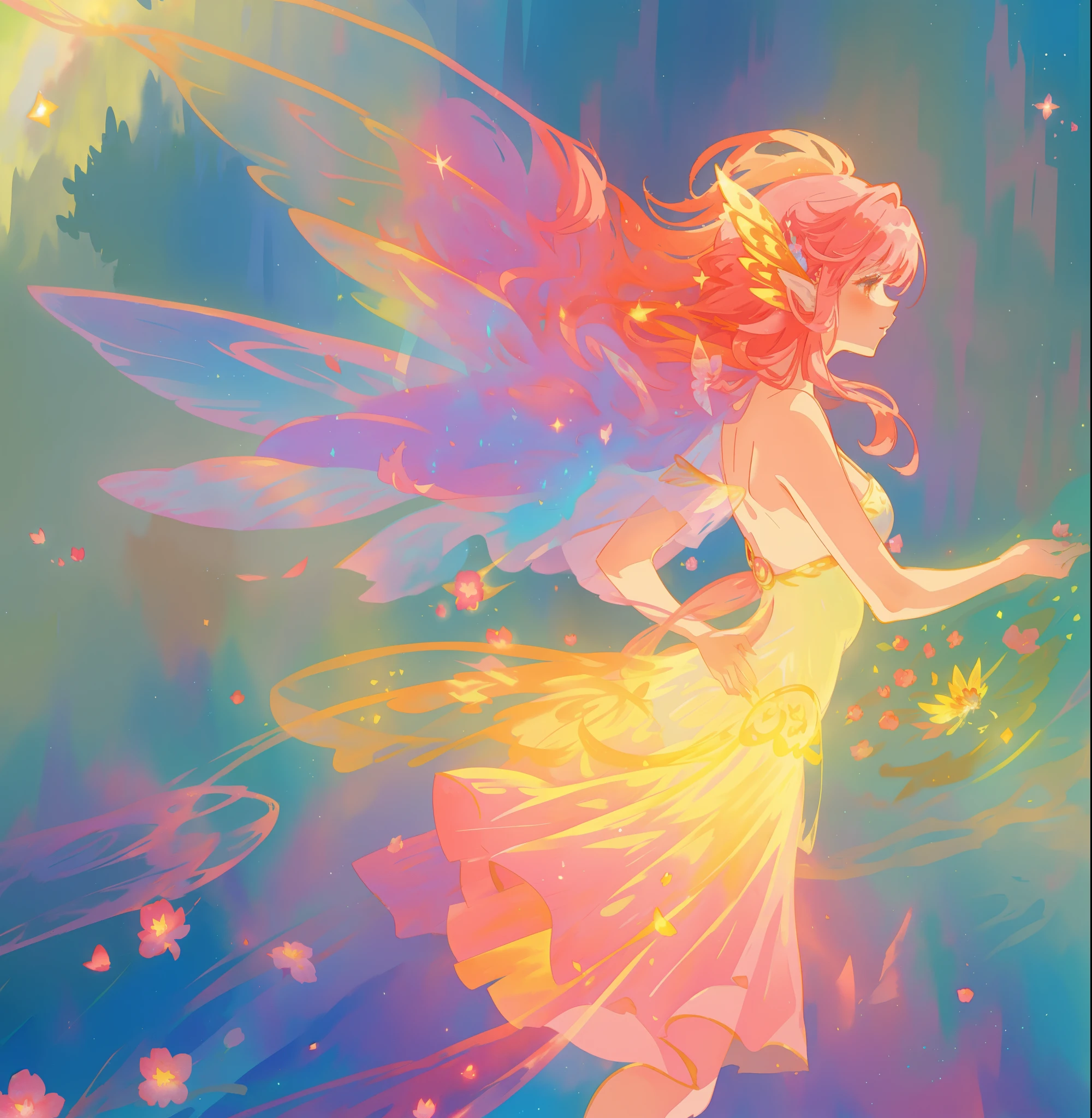 beautiful fairy girl in a sparkling layered dress, long flowing pink peach red hair, (large sparkling colorful fairy wings on her back), colorful fantasia background, flowers meadow, watercolor illustration, disney art style, glowing aura around her, glowing lights, beautiful digital illustration, fantasia otherworldly landscape plants flowers, beautiful, masterpiece, best quality, anime disney style, beautiful face, golden ratio