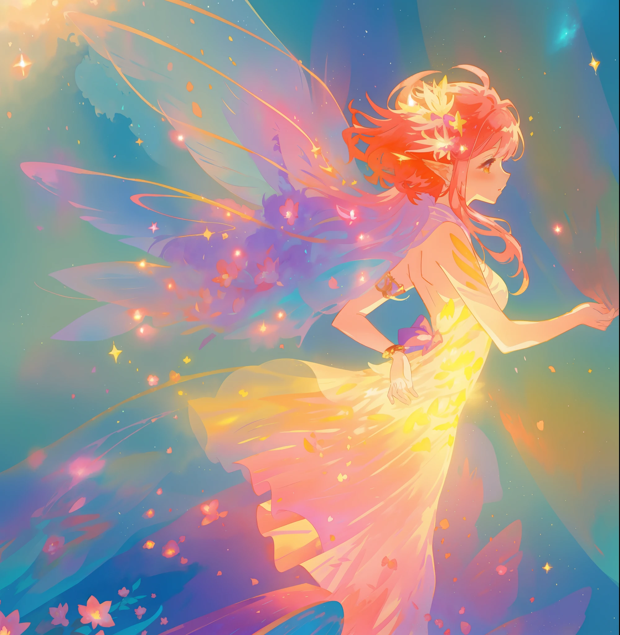beautiful fairy girl in a sparkling layered dress, long flowing pink peach red hair, (large sparkling colorful fairy wings on her back), colorful fantasia background, flowers meadow, watercolor illustration, disney art style, glowing aura around her, glowing lights, beautiful digital illustration, fantasia otherworldly landscape plants flowers, beautiful, masterpiece, best quality, anime disney style, beautiful face, golden ratio