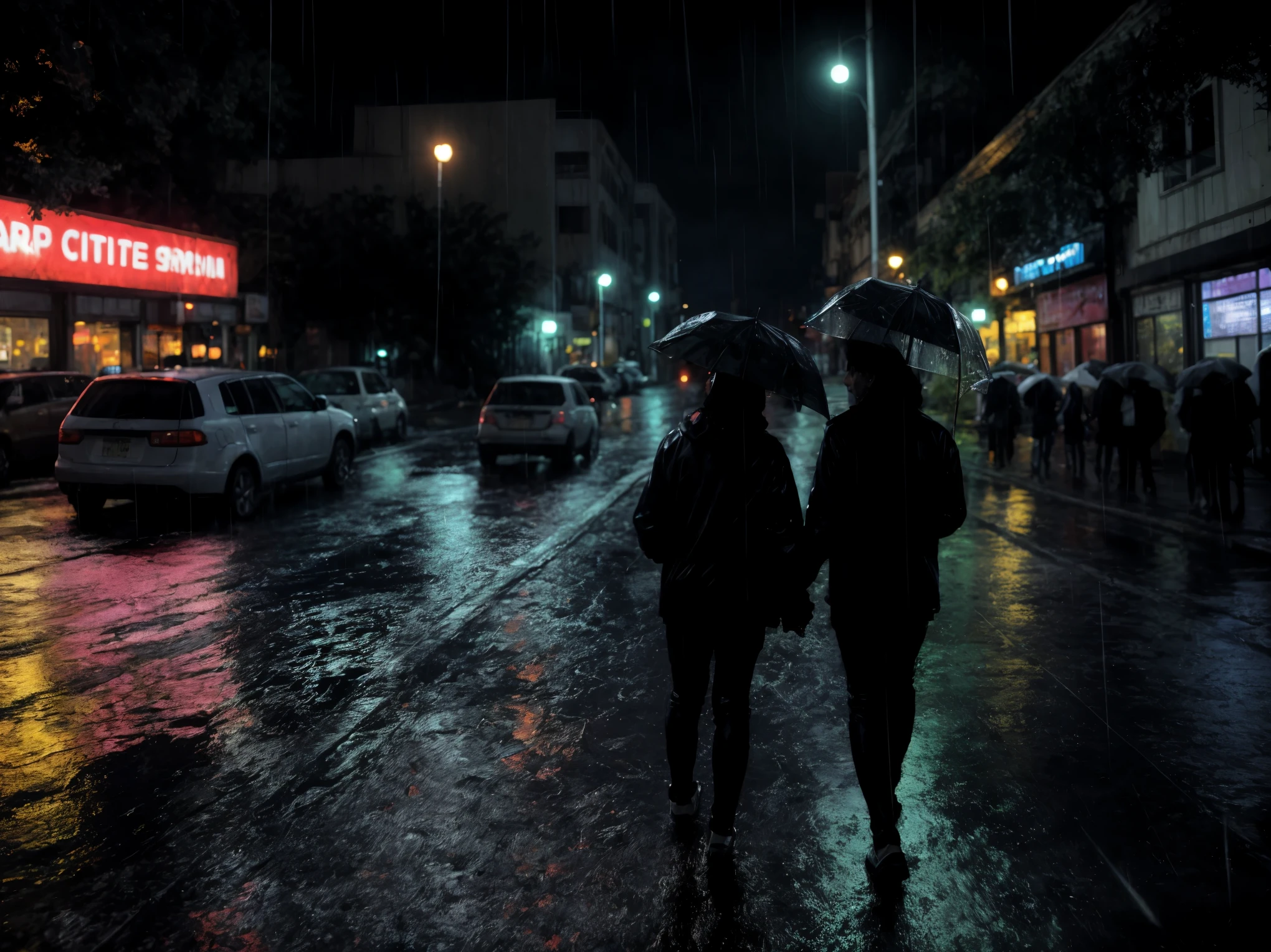 photo of a 21 year old girl BREAK walking night city rain BREAK ultra detailed BREAK wet black clothing BREAK torrential rain night neon lights
