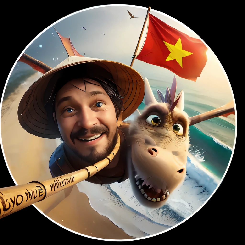 round border, dissolving frame, round words "ENJOY MUINE", fanny pirate style Vietnam flag, smiley russian goodlooking man in bamboo hat, flying over Muine beach on the back of the furry luckdragon Falkor from The NeverEnding Story movie, selfie with bamboo stick, Sony FE GM, highly detailed face, from above, 135mm,cinematic, anatomically correct, textured skin, official art, unity 8k wallpaper, ultra detailed, aesthetically pleasing, High quality, masterpiece, best quality,