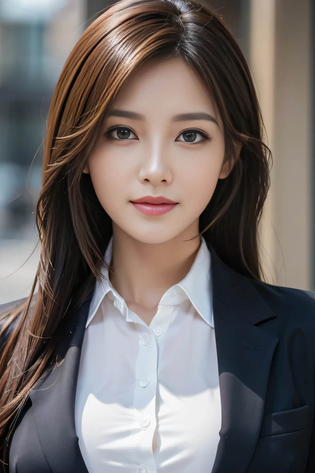 table top, highest quality, realistic, Super detailed, finely, High resolution, 8k wallpaper, 1 beautiful woman,, light brown messy hair, wearing a business suit, sharp focus, perfect dynamic composition, beautiful and detailed eyes, thin hair, Detailed realistic skin texture, smile, close-up portrait, model body shape
