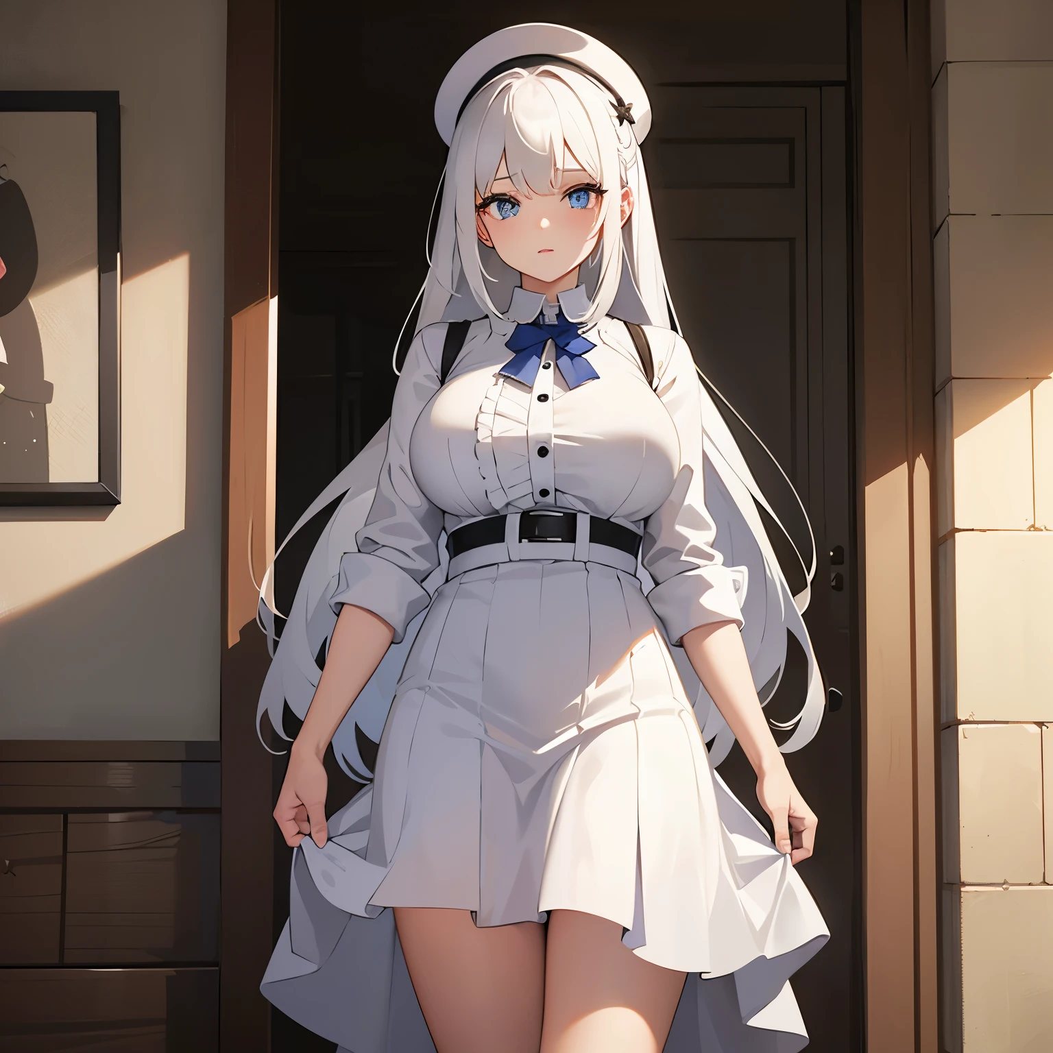 Girl with white hair, big breasts, wearing a white shirt and white skirt, long white stockings, light blue eyes and pink lips
