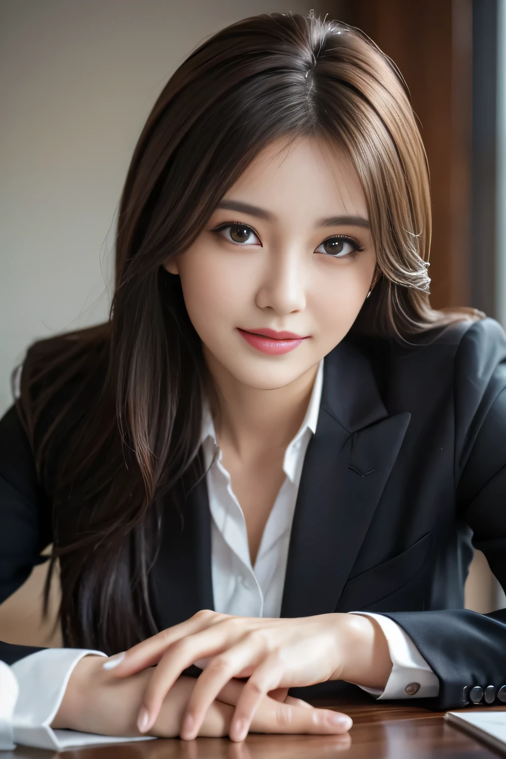 table top, highest quality, realistic, Super detailed, finely, High resolution, 8k wallpaper, 1 beautiful woman,, light brown messy hair, wearing a business suit, sharp focus, perfect dynamic composition, beautiful and detailed eyes, thin hair, Detailed realistic skin texture, smile, close-up portrait, model body shape

