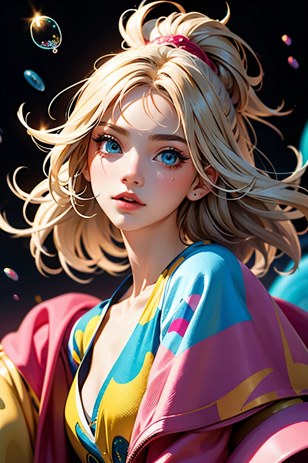 (masterpiece), (best quality), (ultra detailed),(messy hair),(illustration), (1boy,1girl), avatar, macro lens, (Fashionable clothing), standing,Fashion model, looking at viewer, ( interview), (simple background), beautiful detailed eyes, exquisite beauty, Floating, (high saturation), (colorful splashs), colorful bubble, (shining), focus on face,