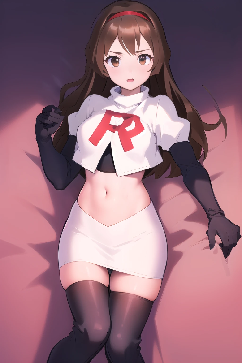 masterpiece, best quality, portrait, 1girl, long hair, brown hair, brown eyes ,team rocket,team rocket uniform, red letter R, white skirt,white crop top,black thigh-highs, black elbow gloves,