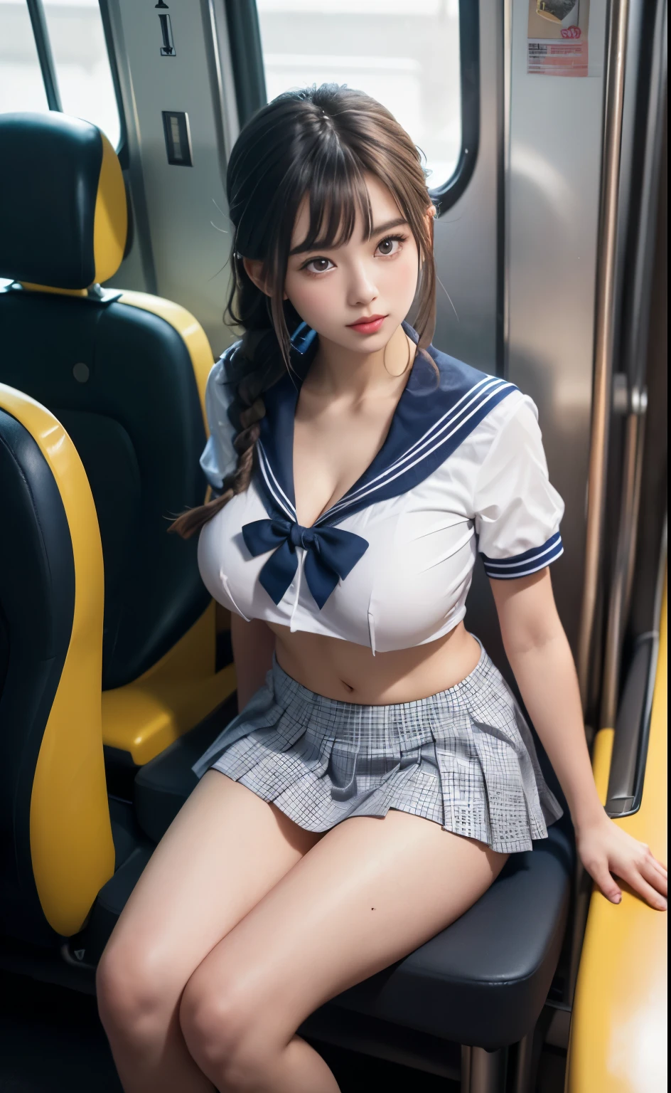 (8K image quality:1.2), (highest quality:1.4), (hyper quality), (super detailed), (There are three beautiful high school girls in the photo.:1.3), More than one person, whole body, So cute, wonderful face and eyes, esotropia, (Braiding hair:1.3), eyes are looking elsewhere, Straighten your back and push your chest forward, (White short-sleeved sailor suit made of thin fabric:1.3), (Pleated micro miniskirt with gingham check:1.3), (Beautiful and incredibly big breasts:1.3), (slender body:1.1), (skinny thin legs:1.2), (Very thin waist), Ribs that stand out slightly, belly button, Reproduces realistic skin texture, Transparent white skin, (bangs:1.3), Transparent and glossy gloss lip, Beautiful goddess descends, beautiful background, golden ratio, conceptual art, Super detailed, Accurate, advanced details, A diagonal top view of a person sitting on a seat in a crowded bus, sexy art, Surrounded by the summer sunshine, bright light, Super delicate illustration details, 8k wallpaper that integrates high-definition CG, RAW photo, professional photos, cinematic lighting, written boundary depth, (No bra in uniform:1.3), (The shape of the nipple protrusions through the uniform:1.3), (The nipple protrusions lift the uniform:1.2), (Her big breasts make her uniform stretch out:1.2), (Cropped tops with fluttery hems:1.3), I can see the beginnings of cleavage:1.2, (High heels on bare feet), (The lower milk is slightly visible:1.2)