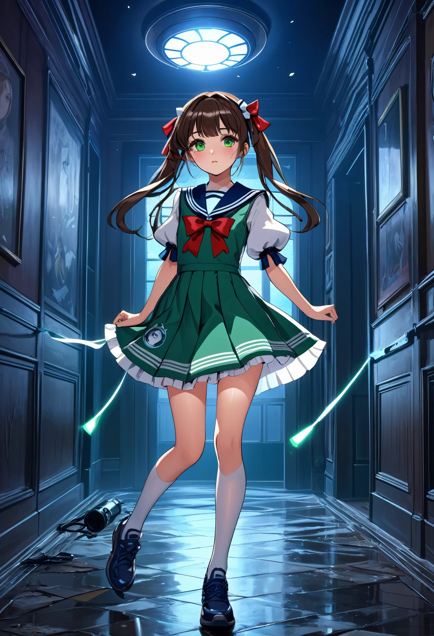 (best quality,4k,highres) A cute 15 years old japaneese girl, drawn in anime style, futuristic, Frutiger aero aesthetic, sci-fi, is afraid, jade green eyes, long brown hair, ribbon headband, small breast, white and blue futuristic sailor lolita dress with puffy sleeves, school crest, red ribbon, navy blue pantyhose, High tech sport shoes with glowing parts, holding a flashlight, screaming in horror, in a abandoned haunted mansion, running away from a ghost, at night, moonlight, low brightness, darkness, highly detailed, 4K.
