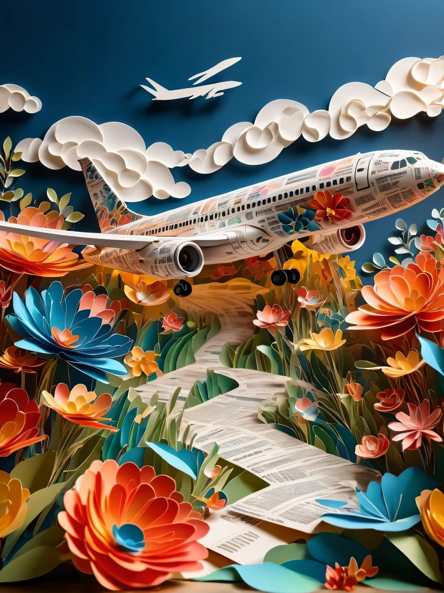 (airplane made from paper cutting), newspaper, Sky，AIRPORT，track, transparent, Wind blows flowers, flash, spark, outstanding, colorful, amazing photography, dramatic lighting, Light background, Realistic photos, super detailed, 8k, high resolution, Super delicate、sharpest, high quality, artistic, Unique, Surrounded by water plants made of mother-of-pearl，Exquisite details