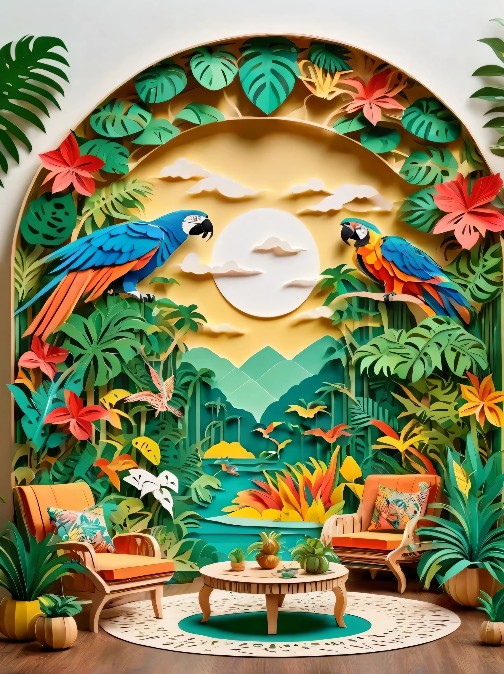 Paper cut art style，amazon jungle，Precious plants around the picture，Tropical plants，Circular pattern，Macaw in the center of the picture，Jaguar，Center the composition，Meticulous depiction，rich and colorful，The scene is grand，Unreal Engine, Living room paper cutting art