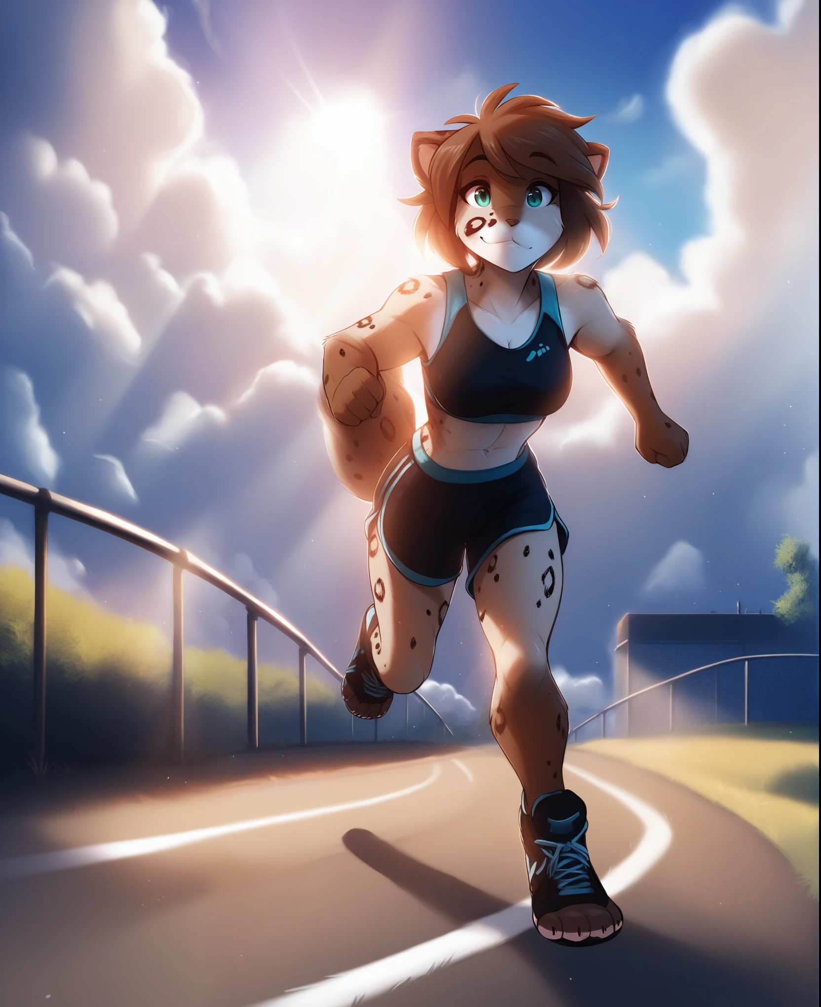 score_9, score_8_up, score_7_up, score_6_up, score_5_up, score_4_up, outdoors, depth of field, crepuscular rays, sunlight, cloud, riverbank BREAK
kathrin vaughan, 1girl, (eye reflection:1.3), detailed eyes, medium hair,sports bra, shorts, jogging, toeless footwear, shoes, full body BREAK