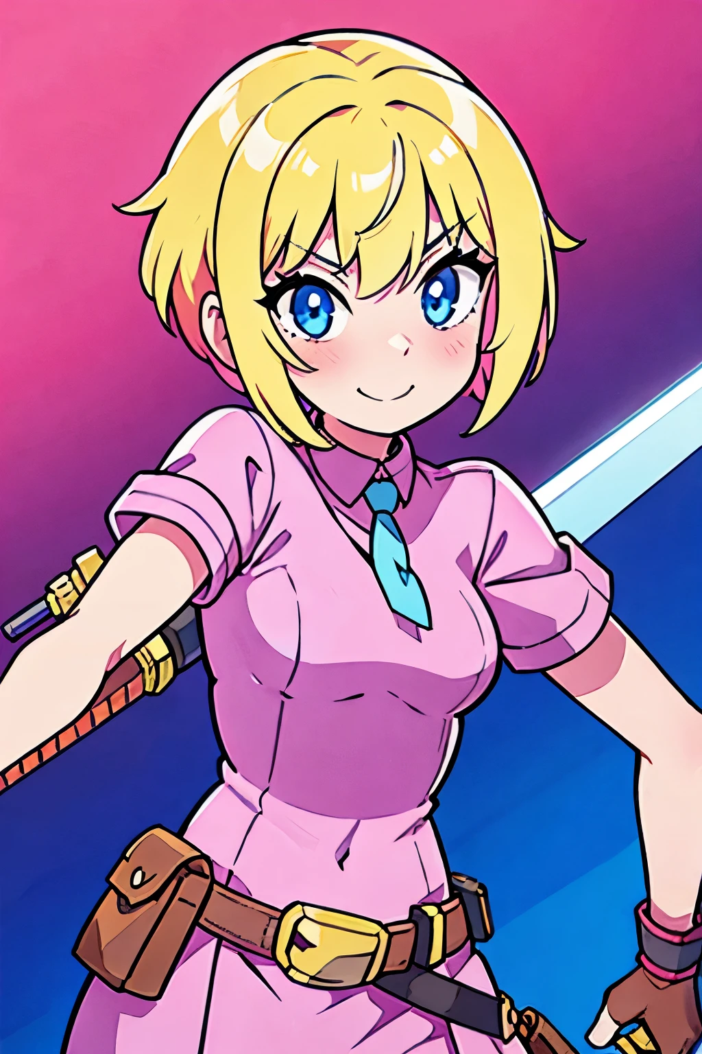 gwenpool, 1girl, weapon, blonde hair, multicolored hair, solo, blue eyes, sword, pouch, superhero, short hair, gradient hair, smile, belt, two-tone hair, pink hair, breasts, gloves, belt pouch, linhas grossas, desenho simples, flat