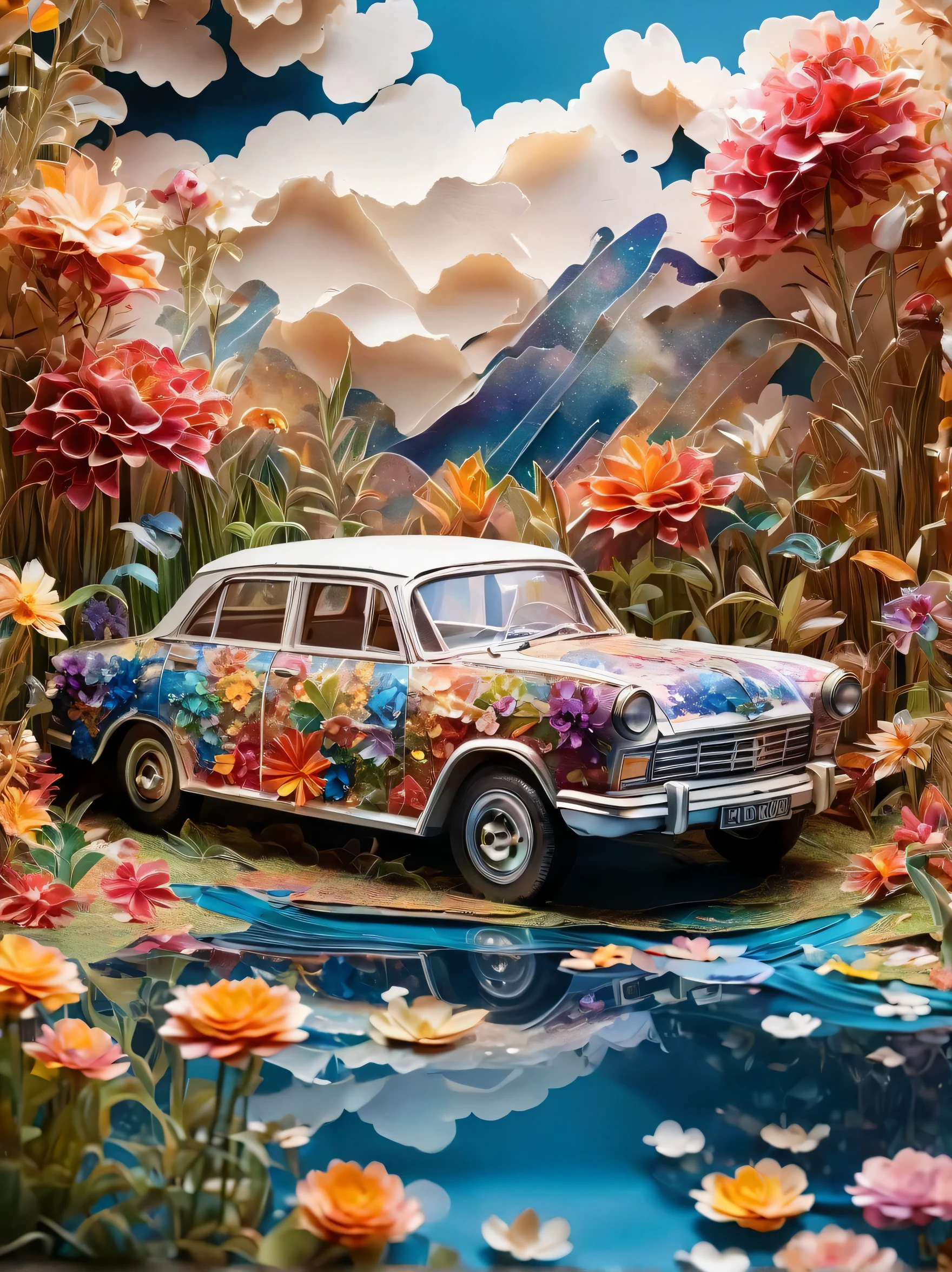 paper cut car, newspaper, galaxy, transparent, Wind blows flowers, flash, spark, outstanding, colorful, amazing photography, dramatic lighting, Light background, Realistic photos, super detailed, 8k, high resolution, Super delicate、sharpest, high quality, artistic, Unique, Surrounded by water plants made of mother-of-pearl，Exquisite details