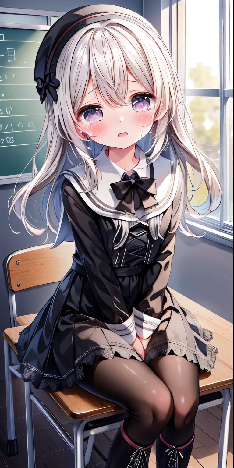 Black lace-up boots，white pantyhose，blush害羞，classroom scene，girl，，((absurd)), ((on the table)), (best quality), (lens flare), (Super detailed), (beautiful), ((cute girl)), alone, beautiful face, White skin, on the table, (10 years old: 1.3), , 、A girl goes to the toilet、 permanent, is crying, close her eyes, tears flow from eyes, Embarrassment comes from, blush), (girl is peeing: 1.2),, look away, sitting, Awkward, blush, The mouth opens slightly, classroom (girl leaking urine): 1.5)
