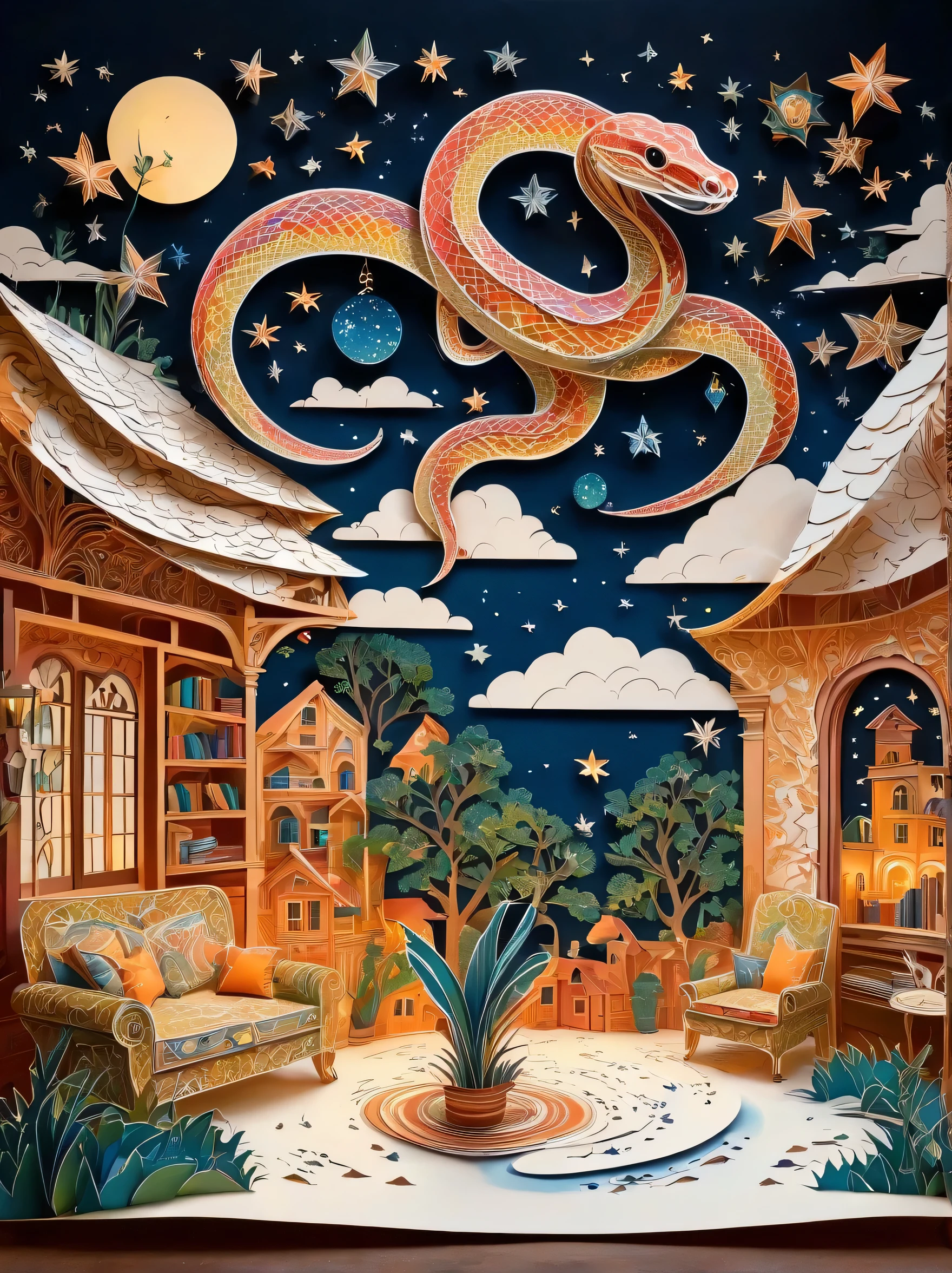 Someone is using scissors to cut out a magical python on a piece of paper, The magical and complex starry sky, complex works of art, 3D paper cutting art, extremely detailed art, extremely detailed art, Highly realistic and complex, Living room paper cutting art