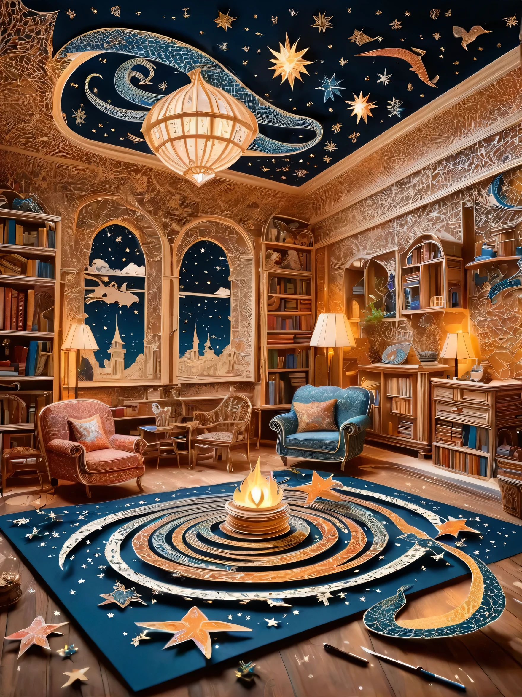 Someone is using scissors to cut out a magical python on a piece of paper, The magical and complex starry sky, complex works of art, 3D paper cutting art, extremely detailed art, extremely detailed art, Highly realistic and complex, Living room paper cutting art