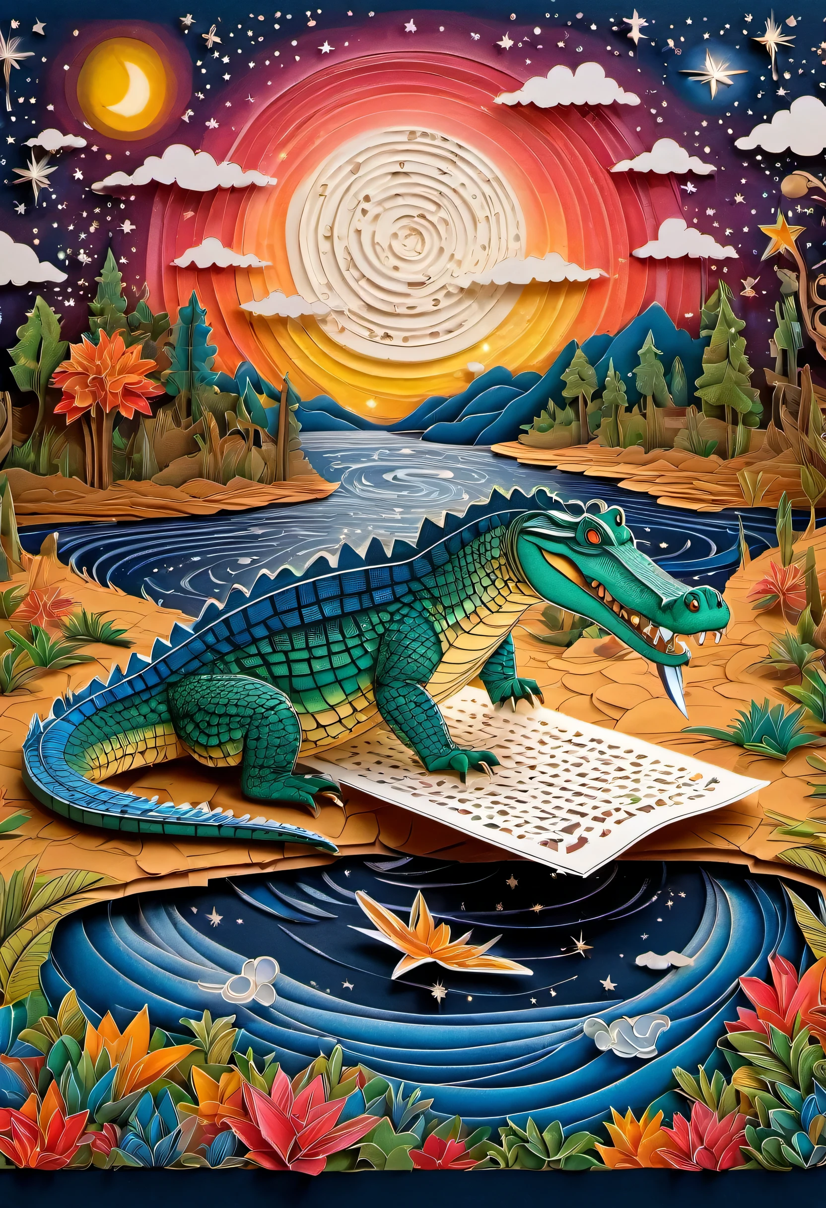 Someone is using a pencil to draw a magical crocodile on a piece of paper, complex works of art, 3D paper cutting art, extremely detailed art, Complex 3D illustration, The magical and complex starry sky, very intricate art, extremely detailed art, Highly realistic and complex