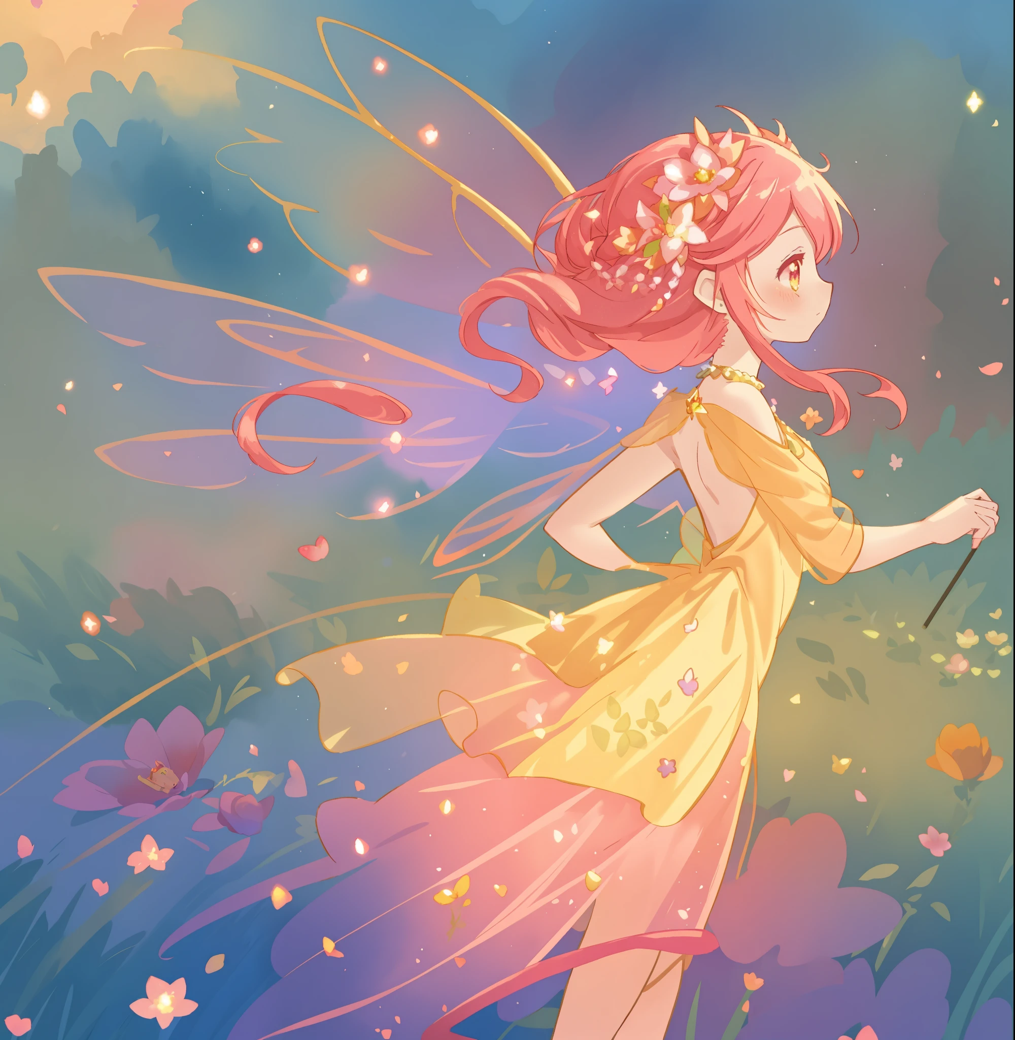 beautiful fairy girl in a sparkling layered dress, long flowing pink peach red hair, (large sparkling colorful fairy wings on her back), colorful fantasia background, flowers meadow, watercolor illustration, disney art style, glowing aura around her, glowing lights, beautiful digital illustration, fantasia otherworldly landscape plants flowers, beautiful, masterpiece, best quality, anime disney style, beautiful face, golden ratio