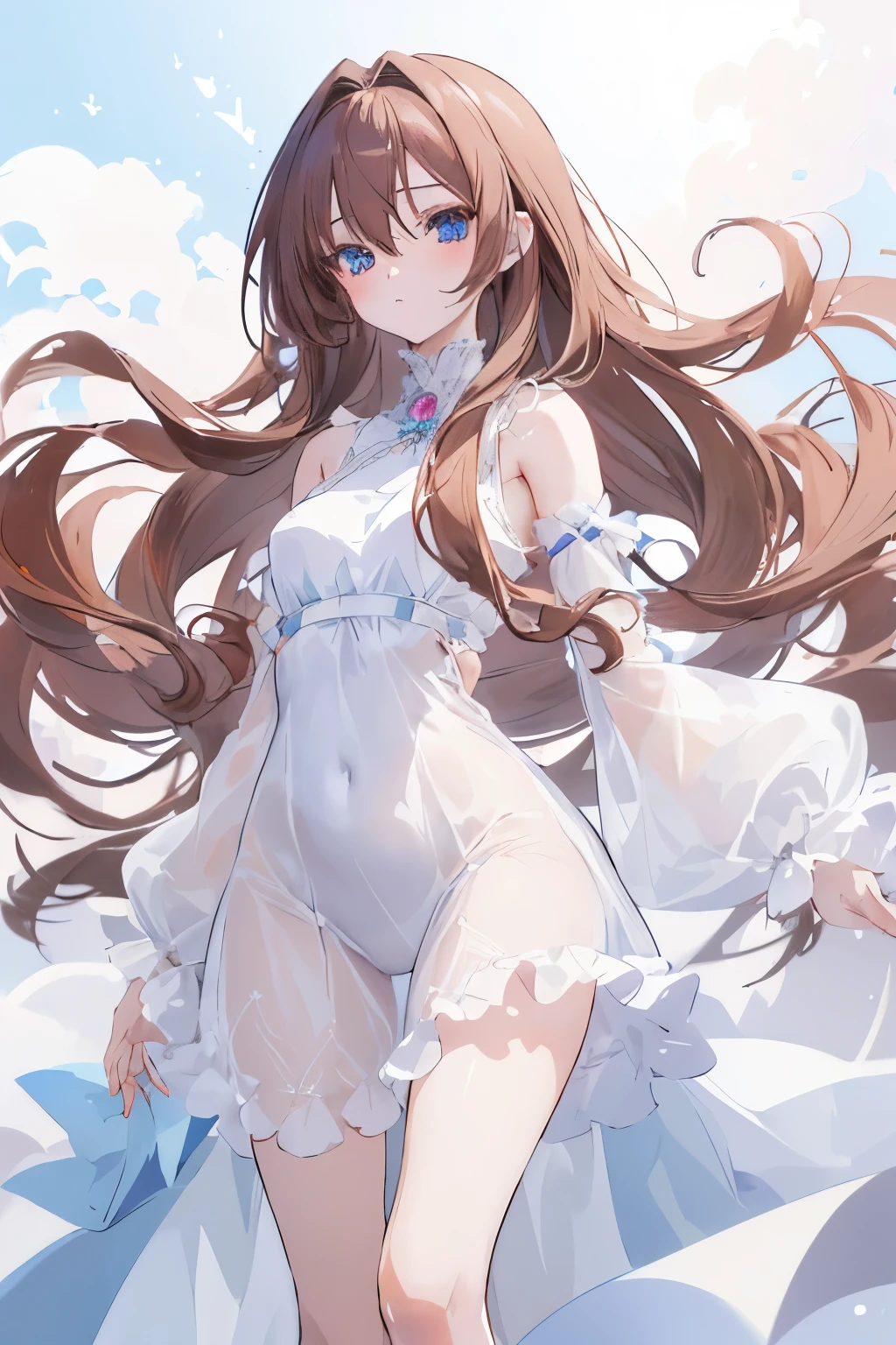 (animesque:1.3), Extreme refinement, 1girl in、Aloof look、A pure girl, , plain white dress, smock dress, doll dress, long wavy hair, brown hair, banfs, mysterious, blue eyes, innocent, pure, angelic shoujo, 2000’s anime style() ( body) (very thin) (no curves)
