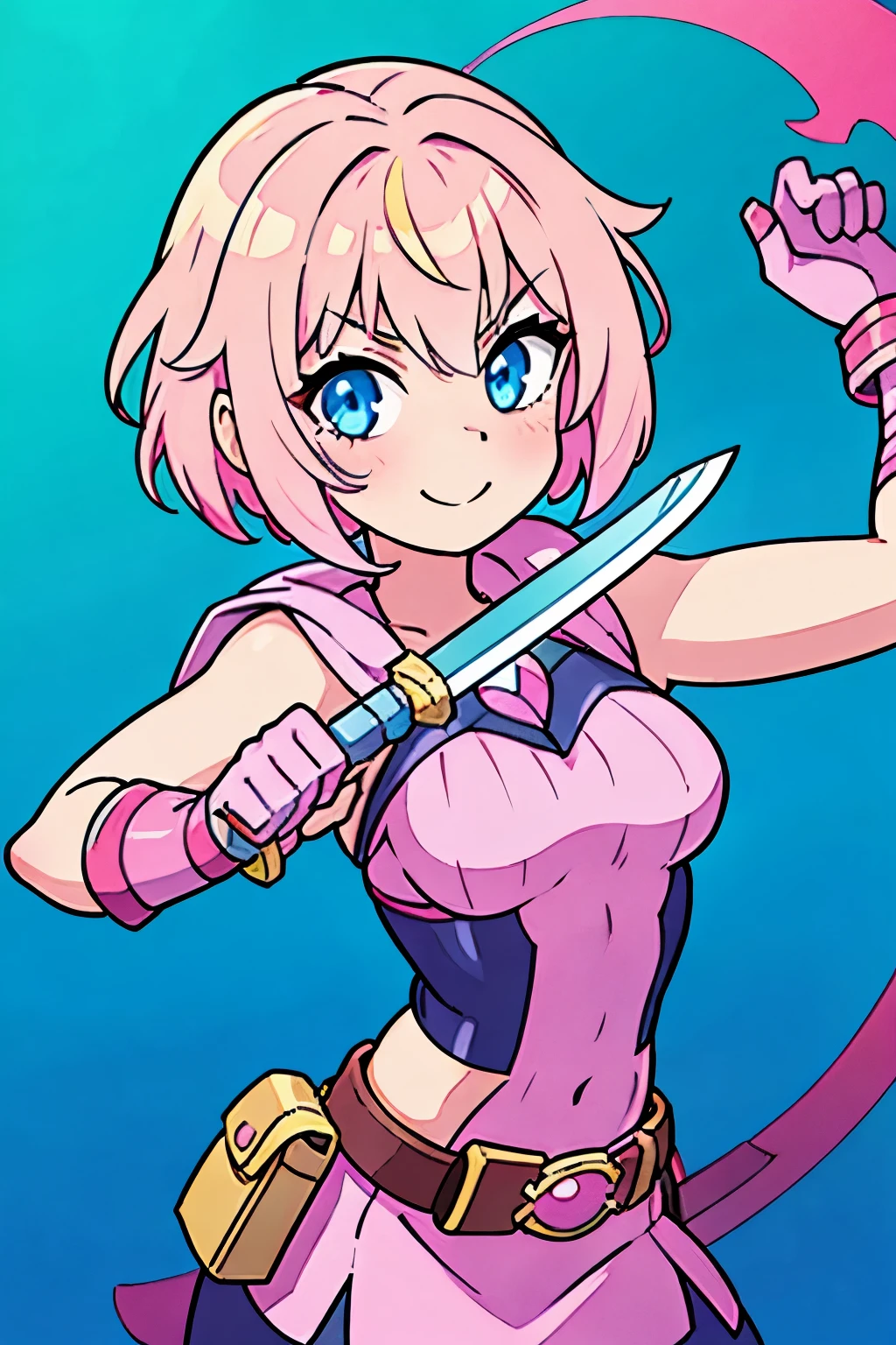 gwenpool, 1girl, weapon, blonde hair, multicolored hair, solo, blue eyes, sword, pouch, superhero, short hair, gradient hair, smile, belt, two-tone hair, pink hair, breasts, gloves, belt pouch, linhas grossas, desenho simples, flat