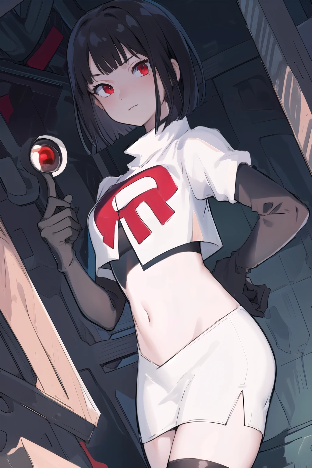 masterpiece, best quality, portrait, 1girl,  pale skin, black hair, bangs, short hair, red eyes, team rocket,team rocket uniform, red letter R, white skirt,white crop top,black thigh-highs, black elbow gloves,