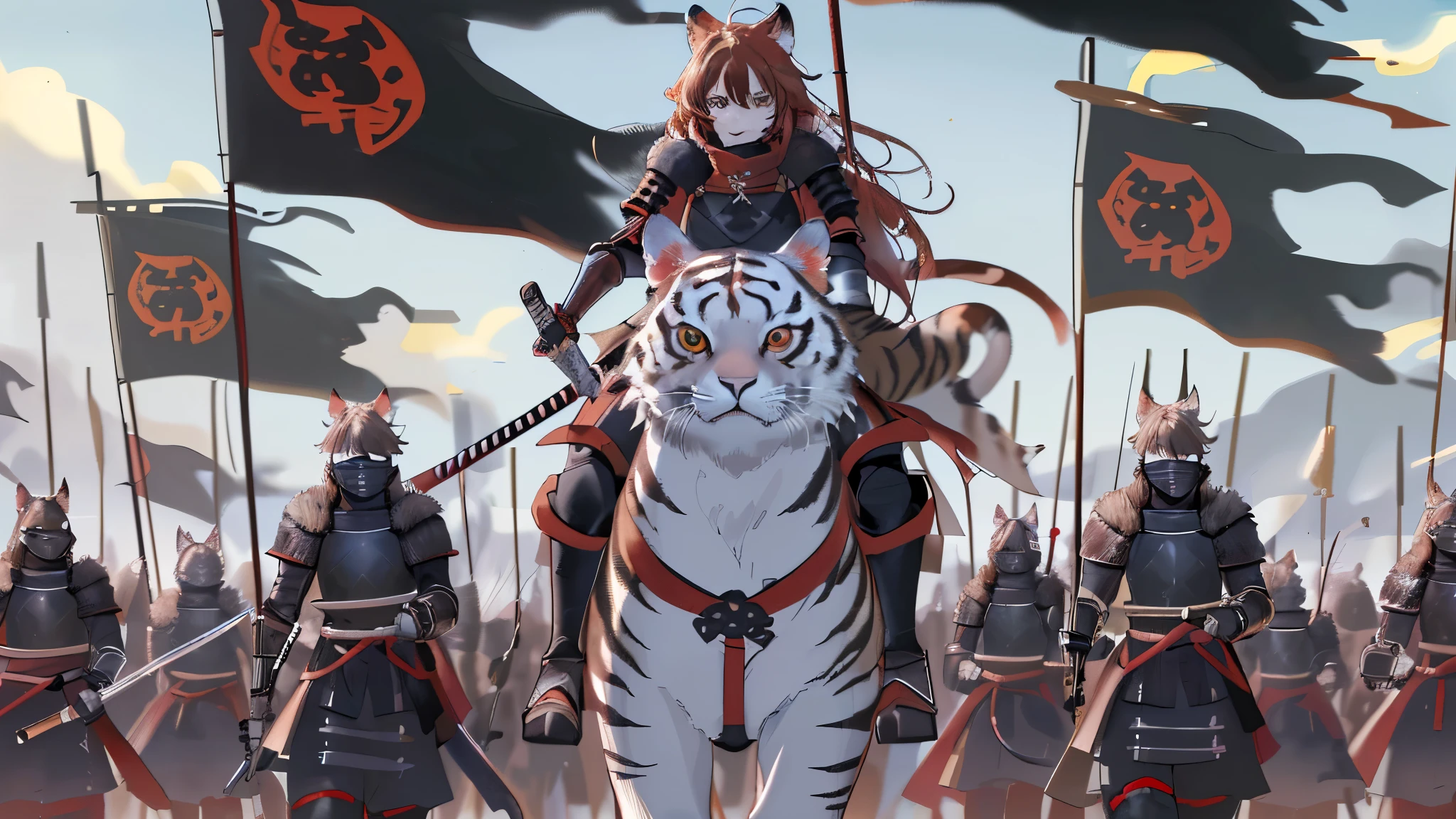 army of anthropomorphic cats in kemono style, they wear samurai armor, in a large desert, carry black flags, with a painted minimalist red cat and swords, march towards the camera on foot, walk organized in lines, their commander is in the middle highlighted, is a female anthropomorphic kemono style cat, riding on a white saber tooth tiger, with heavy armor, her hair is brown with red streaks, her fur is light brown, epic scene, anime style , battle composition, widescreen.