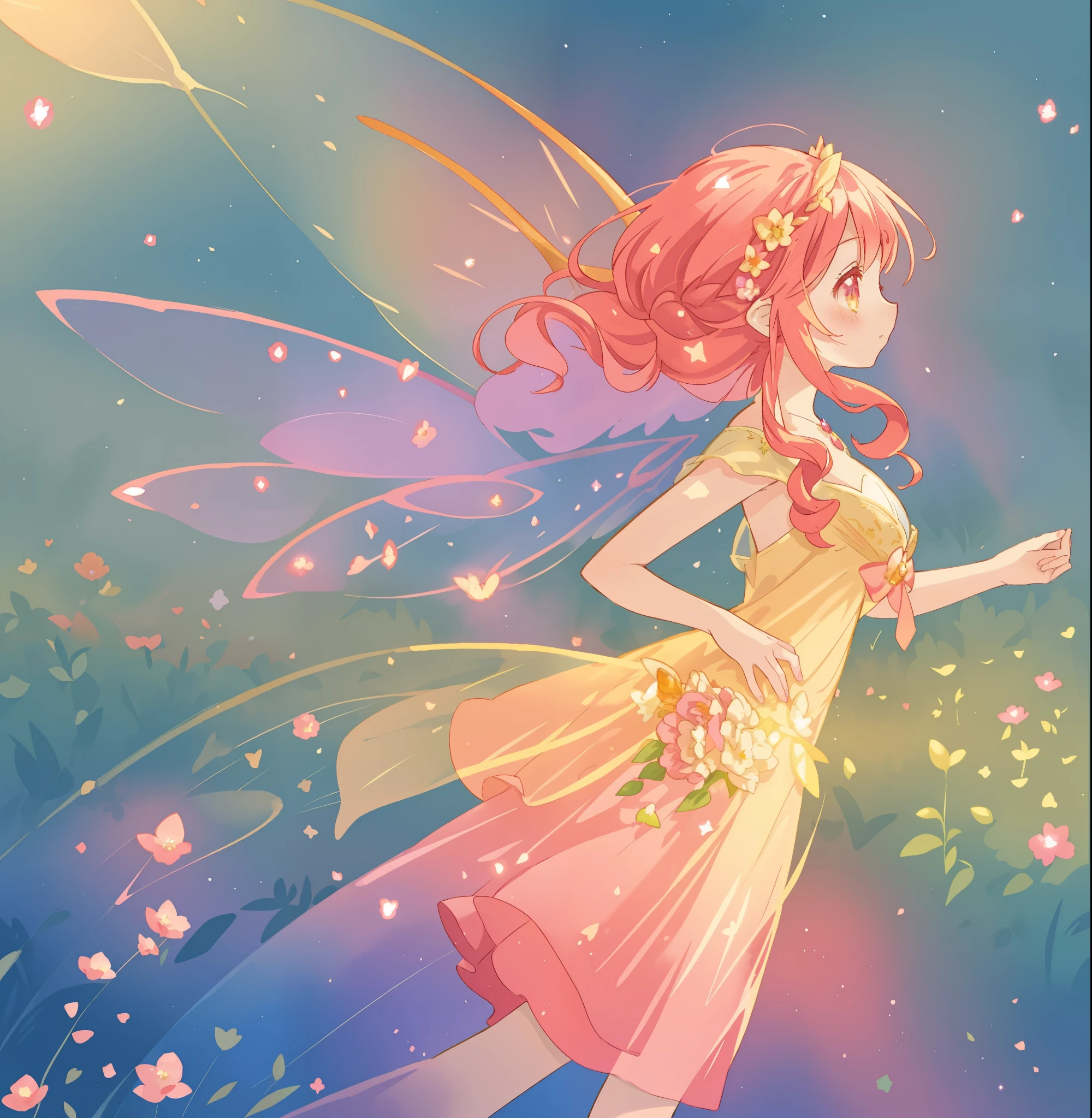 beautiful fairy girl in a sparkling layered dress, long flowing pink peach red hair, (large sparkling colorful fairy wings on her back), colorful fantasia background, flowers meadow, watercolor illustration, disney art style, glowing aura around her, glowing lights, beautiful digital illustration, fantasia otherworldly landscape plants flowers, beautiful, masterpiece, best quality, anime disney style, beautiful face, golden ratio