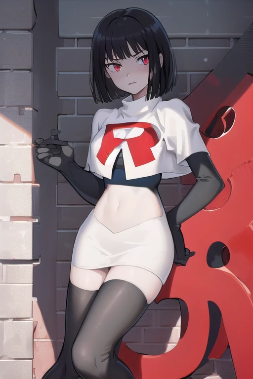 masterpiece, best quality, portrait, 1girl,  pale skin, black hair, bangs, short hair, red eyes, team rocket,team rocket uniform, red letter R, white skirt,white crop top,black thigh-highs, black elbow gloves,