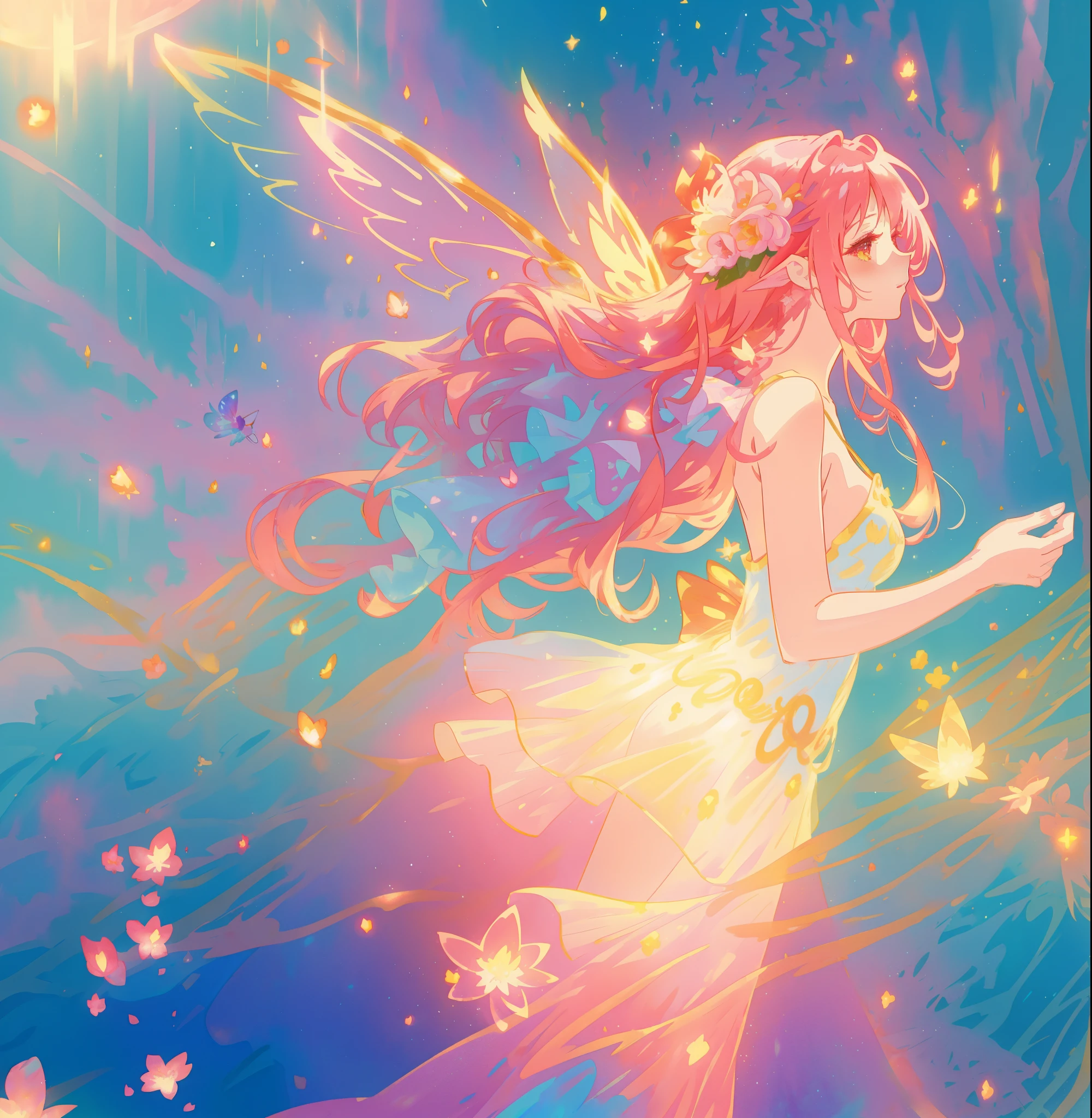 beautiful fairy girl in a sparkling layered dress, long flowing pink peach red hair, (large sparkling colorful fairy wings on her back), colorful fantasia background, flowers meadow, watercolor illustration, disney art style, glowing aura around her, glowing lights, beautiful digital illustration, fantasia otherworldly landscape plants flowers, beautiful, masterpiece, best quality, anime disney style, beautiful face, golden ratio