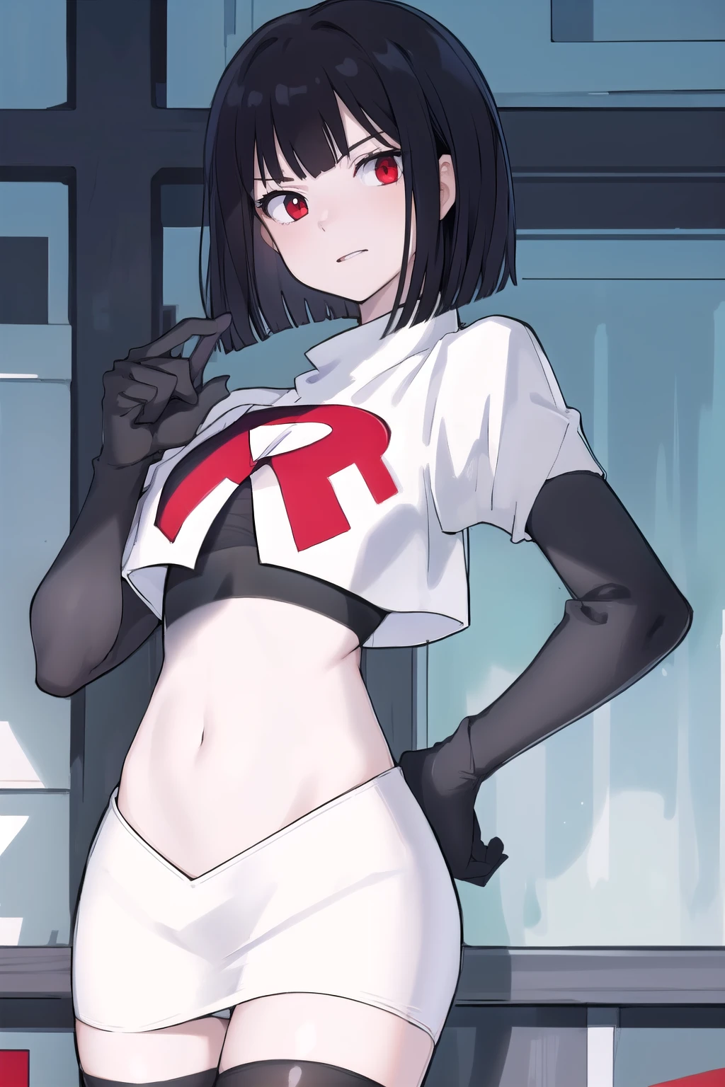 masterpiece, best quality, portrait, 1girl,  pale skin, black hair, bangs, short hair, red eyes, team rocket,team rocket uniform, red letter R, white skirt,white crop top,black thigh-highs, black elbow gloves,