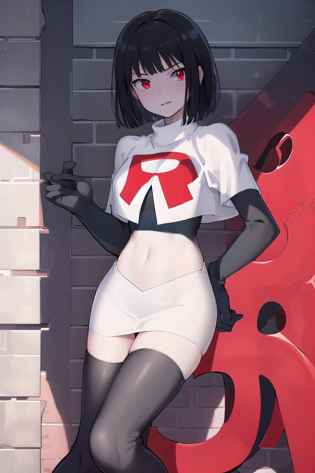 masterpiece, best quality, portrait, 1girl,  pale skin, black hair, bangs, short hair, red eyes, team rocket,team rocket uniform, red letter R, white skirt,white crop top,black thigh-highs, black elbow gloves,