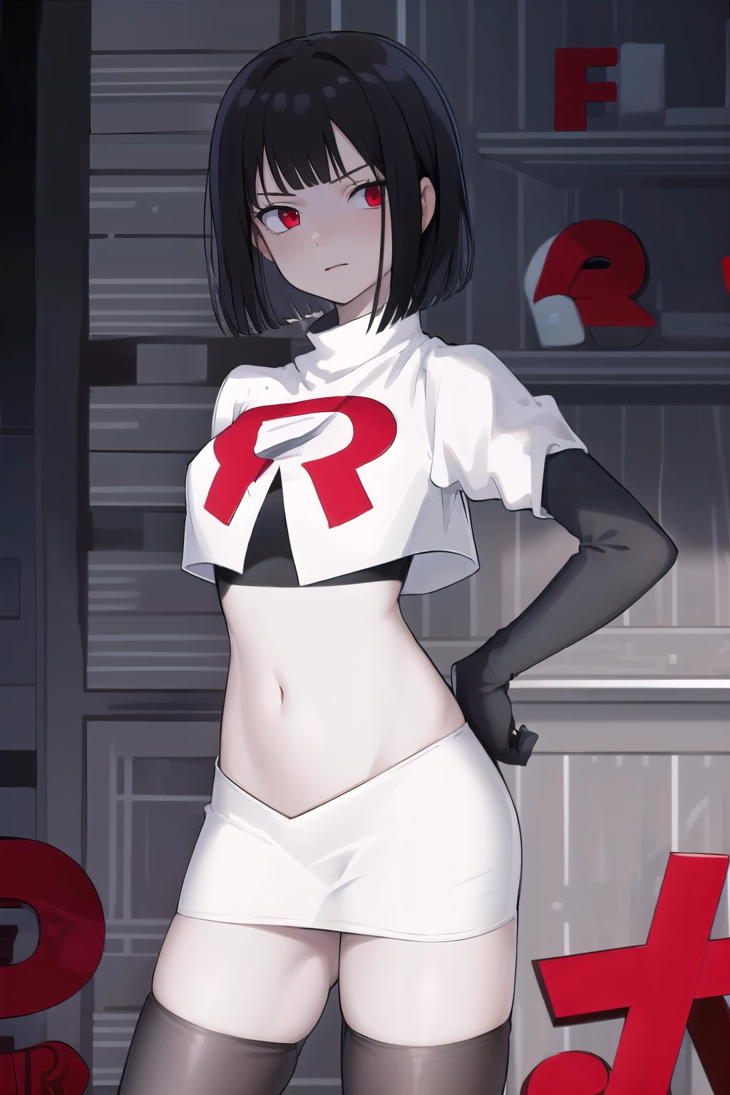 masterpiece, best quality, portrait, 1girl,  pale skin, black hair, bangs, short hair, red eyes, team rocket,team rocket uniform, red letter R, white skirt,white crop top,black thigh-highs, black elbow gloves,