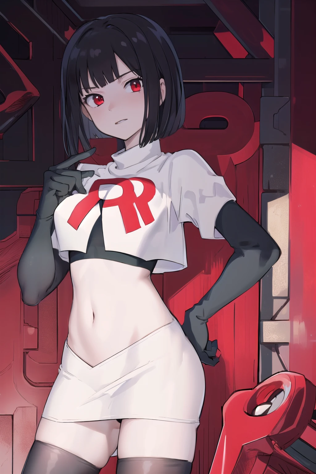 masterpiece, best quality, portrait, 1girl,  pale skin, black hair, bangs, short hair, red eyes, team rocket,team rocket uniform, red letter R, white skirt,white crop top,black thigh-highs, black elbow gloves,