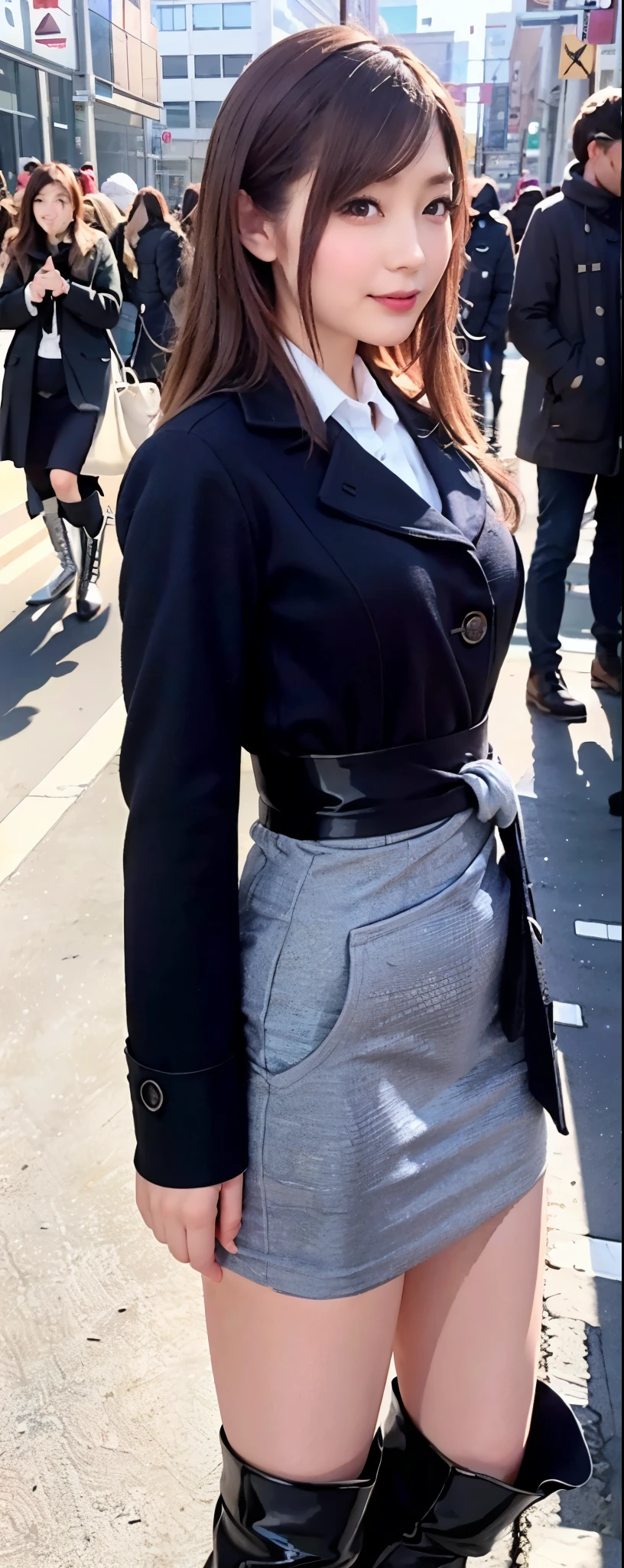 (8k, RAW photos, top quality, masterpiece: 1.2, ultra detailed, super resolution, real photos: 1.37), (Full body photo), 1 noble elegant Japanese lady, (standing contrapposte), spring season, ((black color coodinate, wearing over-size black coat, winter fluffy scarf, grey long skirt, black tights, wearing long boots)), Shiny, Smile, Looks like 1.8 meters tall, large pelvis, Large breasts, big cuvy hips, Thin waist, Long legs, skin hyper-detail, 20 years old, Perfect face, (Detailed facial features), Wavy hair, Daylight, spring season, center of street, crowd of people,