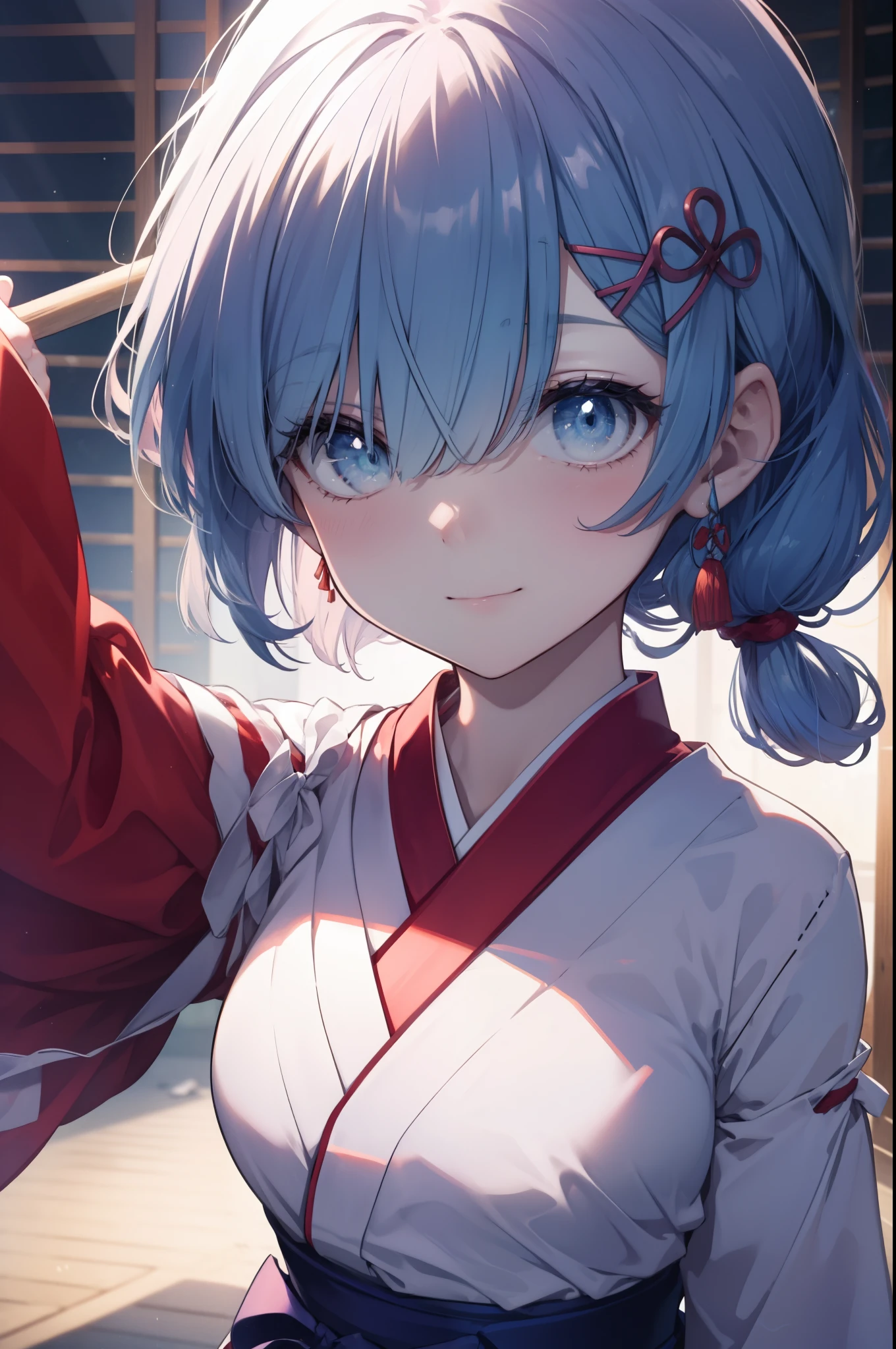 rezeroRem, Rem, blue eyes, blue hair, hair ornaments, hair above one eye, long hair,hair ribbon, x hair ornaments,smile,blush,Platycodon,Miko,white kimono, kimono, red hakama,same as skirt, wide sleeve, long sleeve,white foot bag,Zori ribbon trim sleeves, とてもlong hair, dull bangs, low ponytail, Holding the grip of a broom with both arms and sweeping,So that the whole body goes into the illustration,morning,noon,
break outdoors,shrine,
break looking at viewer, 
break (masterpiece:1.2), highest quality, High resolution, unity 8k wallpaper, (figure:0.8), (detailed and beautiful eyes:1.6), extRemely detailed face, perfect lighting, extRemely detailed CG, (perfect hands, perfect anatomy),