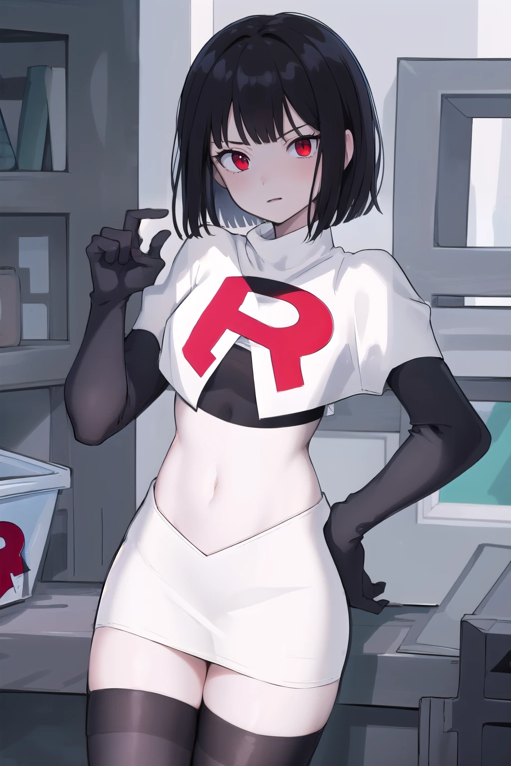 masterpiece, best quality, portrait, 1girl,  pale skin, black hair, bangs, short hair, red eyes, team rocket,team rocket uniform, red letter R, white skirt,white crop top,black thigh-highs, black elbow gloves,